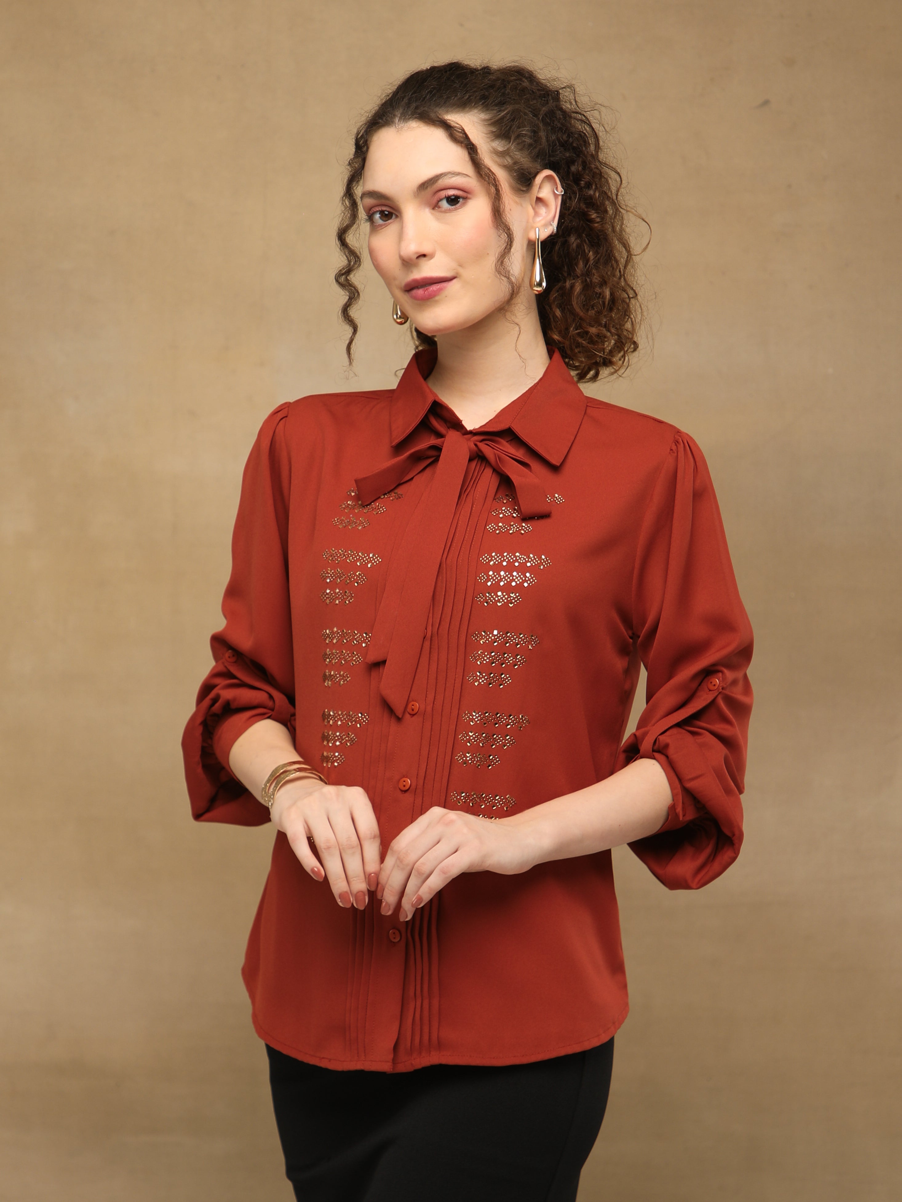Rust Linear Swarovski Tie-up Shirt