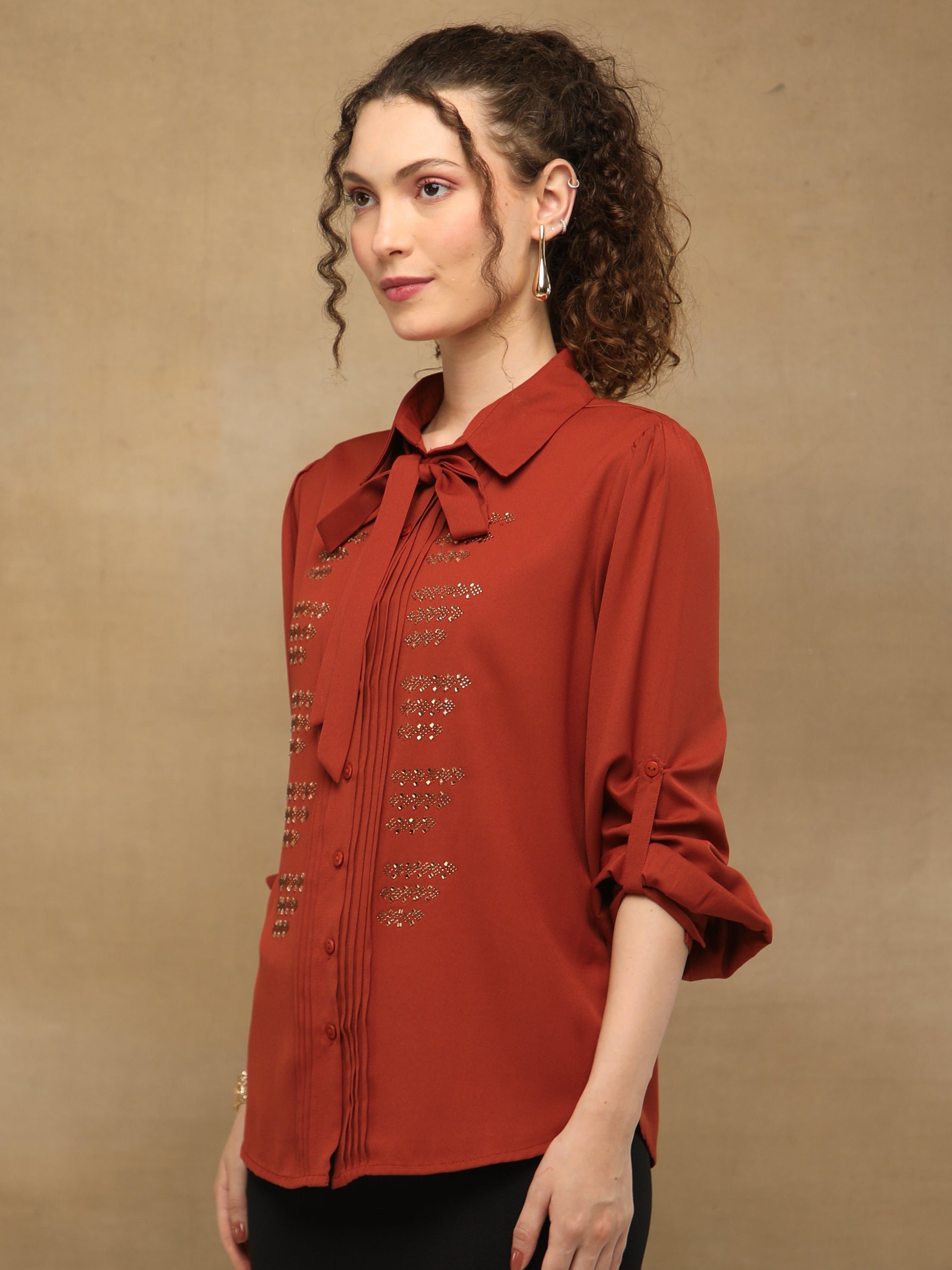 Rust Linear Crystal Tie-up Shirt