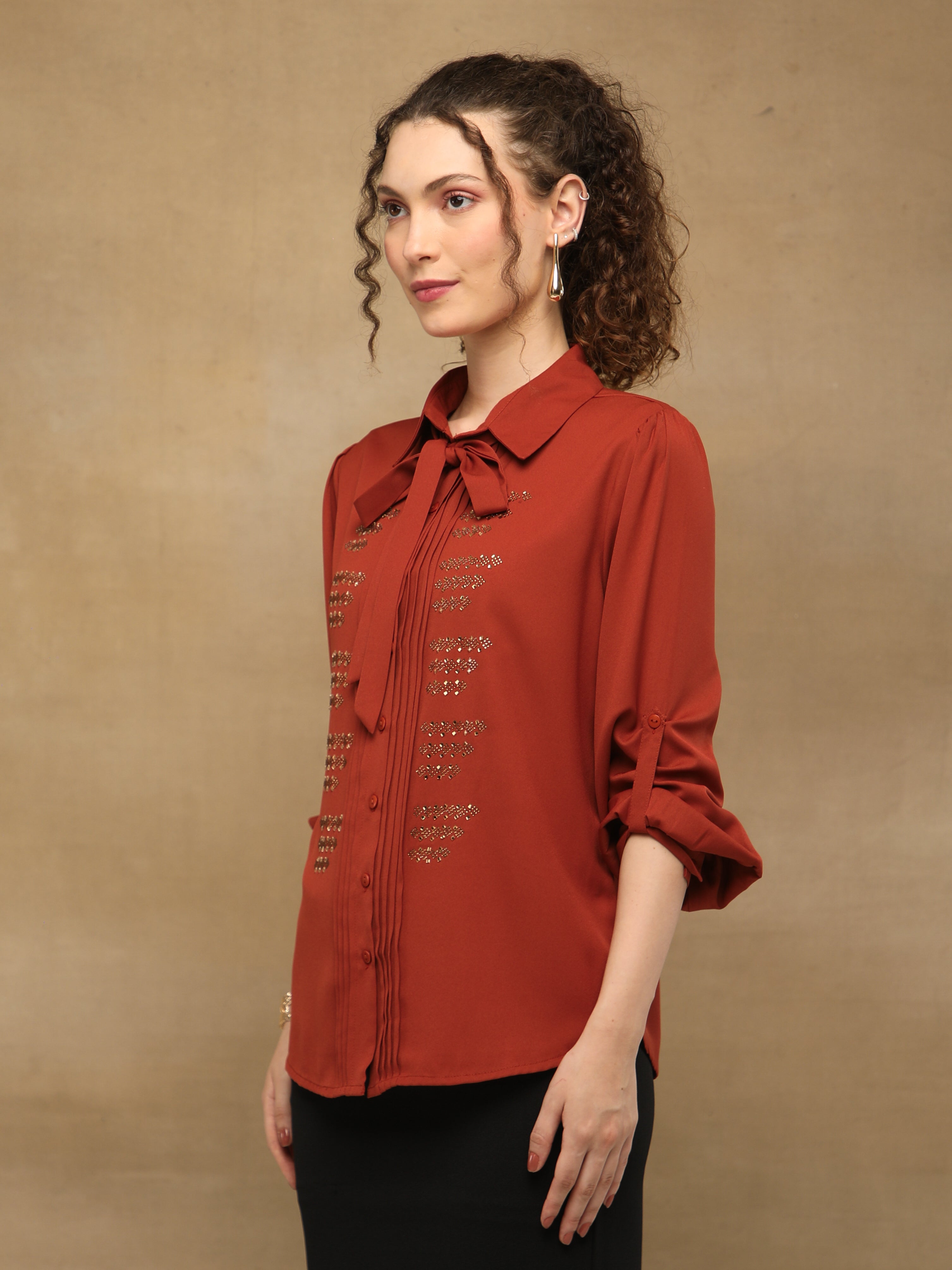 Rust Linear Swarovski Tie-up Shirt