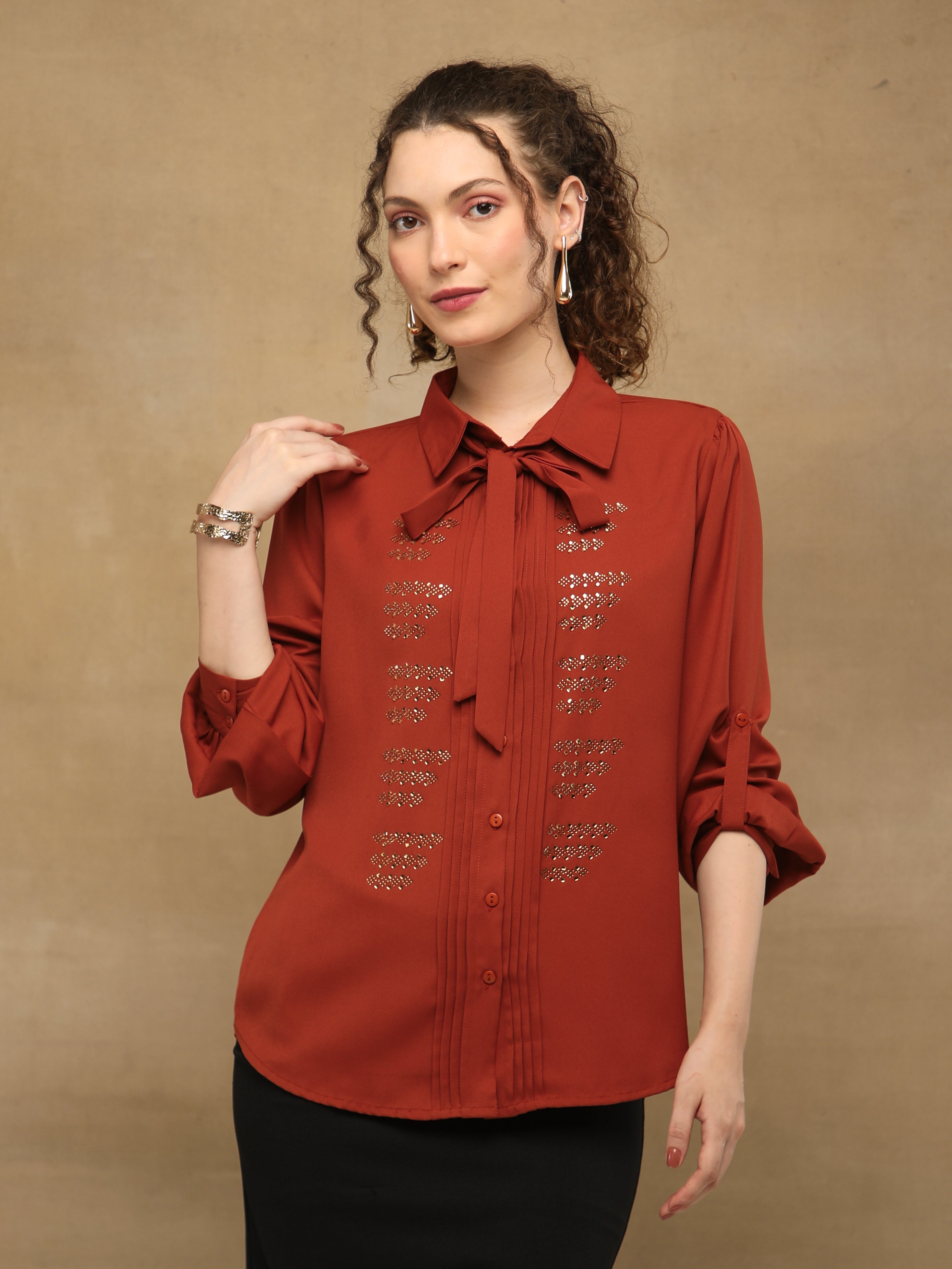 Rust Linear Swarovski Tie-up Shirt