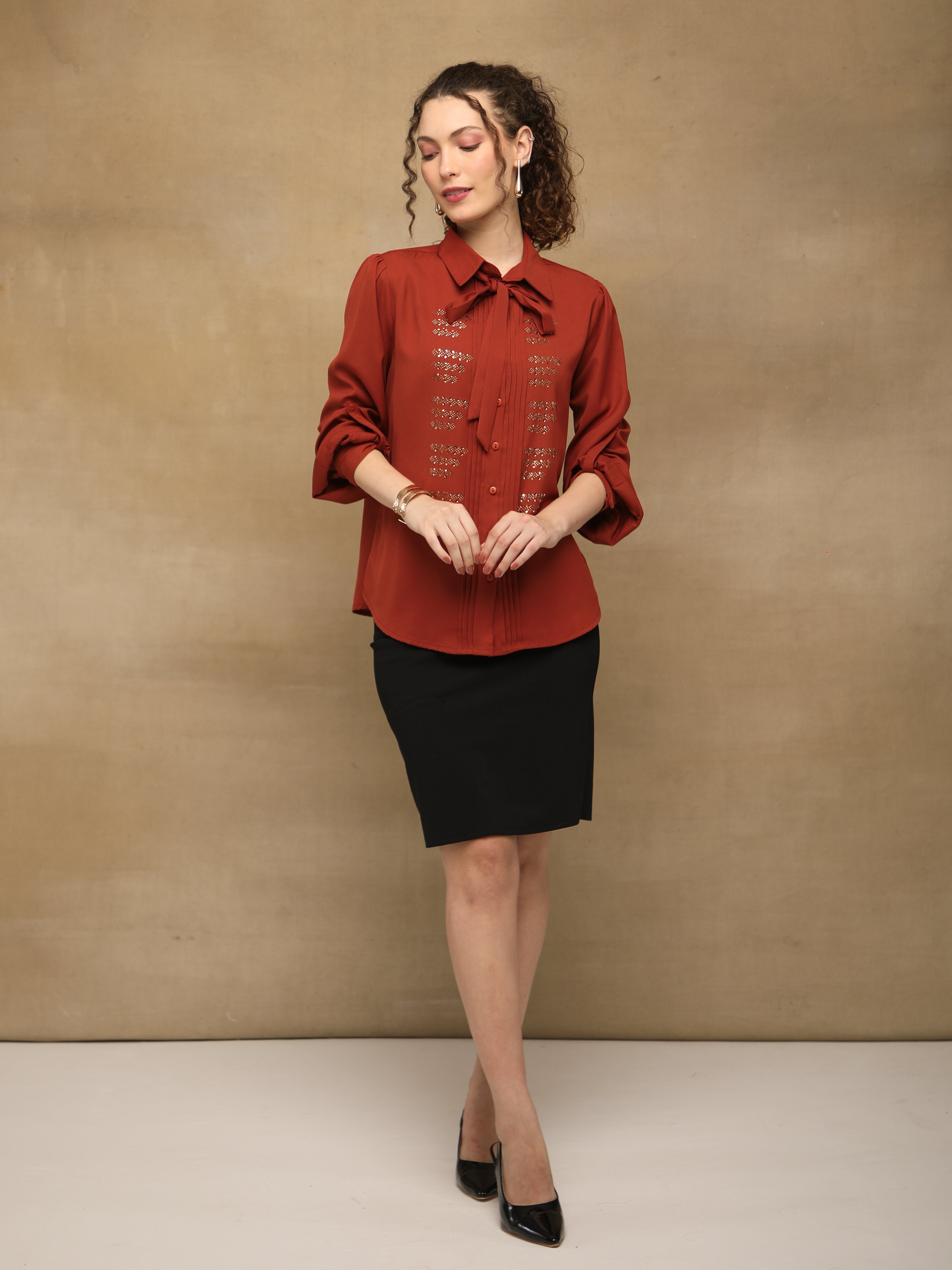 Rust Linear Swarovski Tie-up Shirt