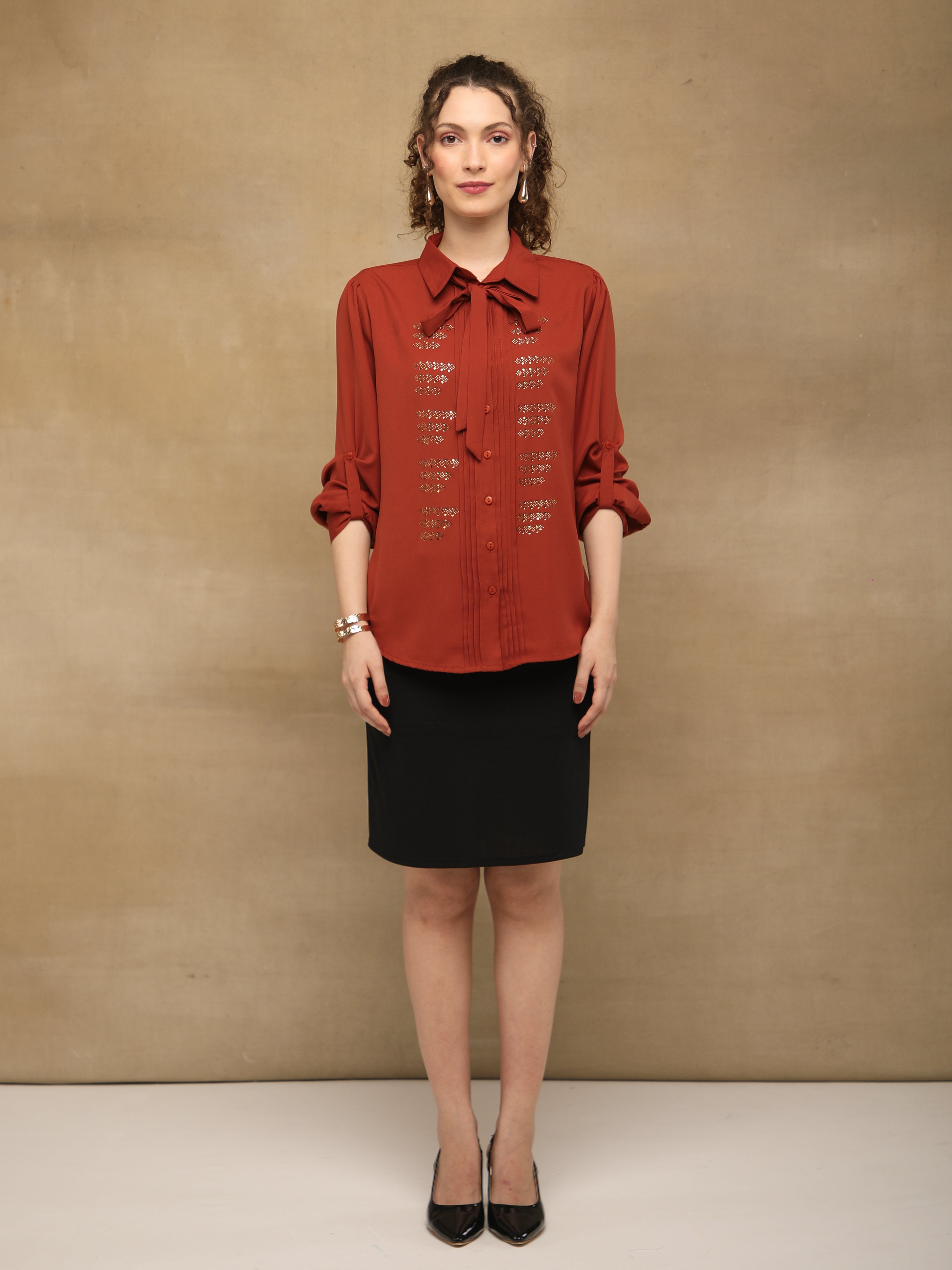 Rust Linear Swarovski Tie-up Shirt