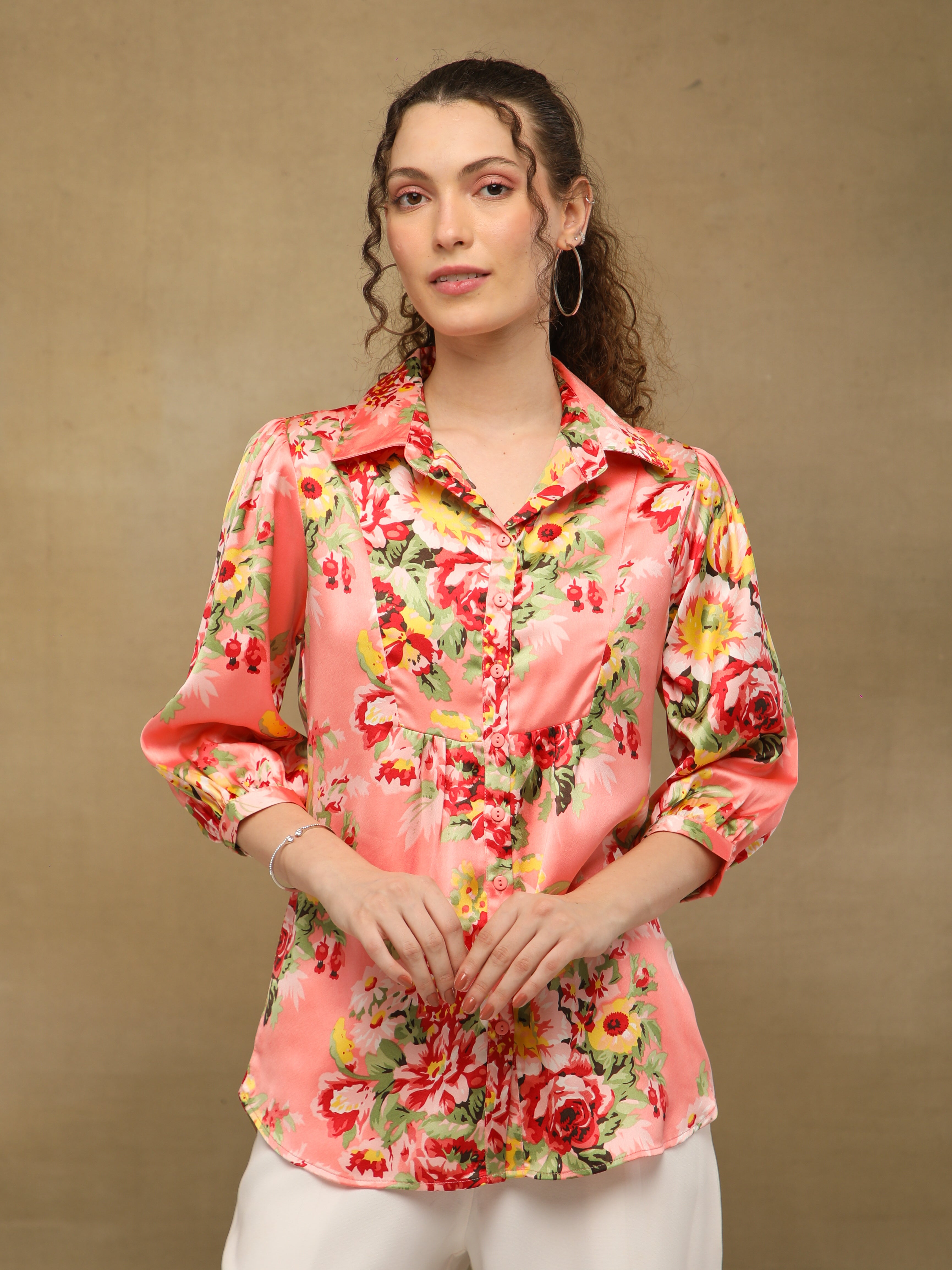 Front Yoke Gather Coral Shirt
