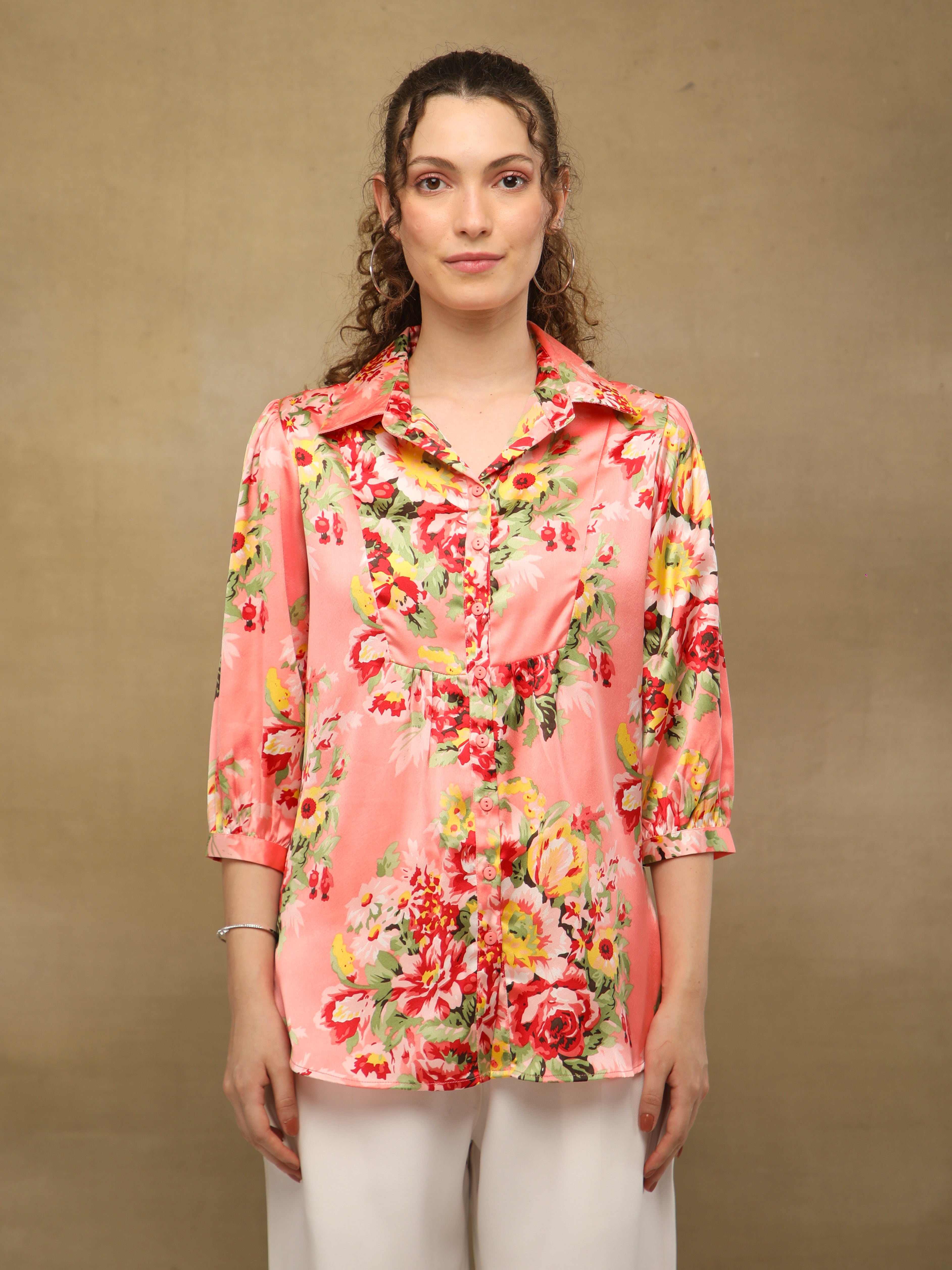 Front Yoke Gather Coral Shirt