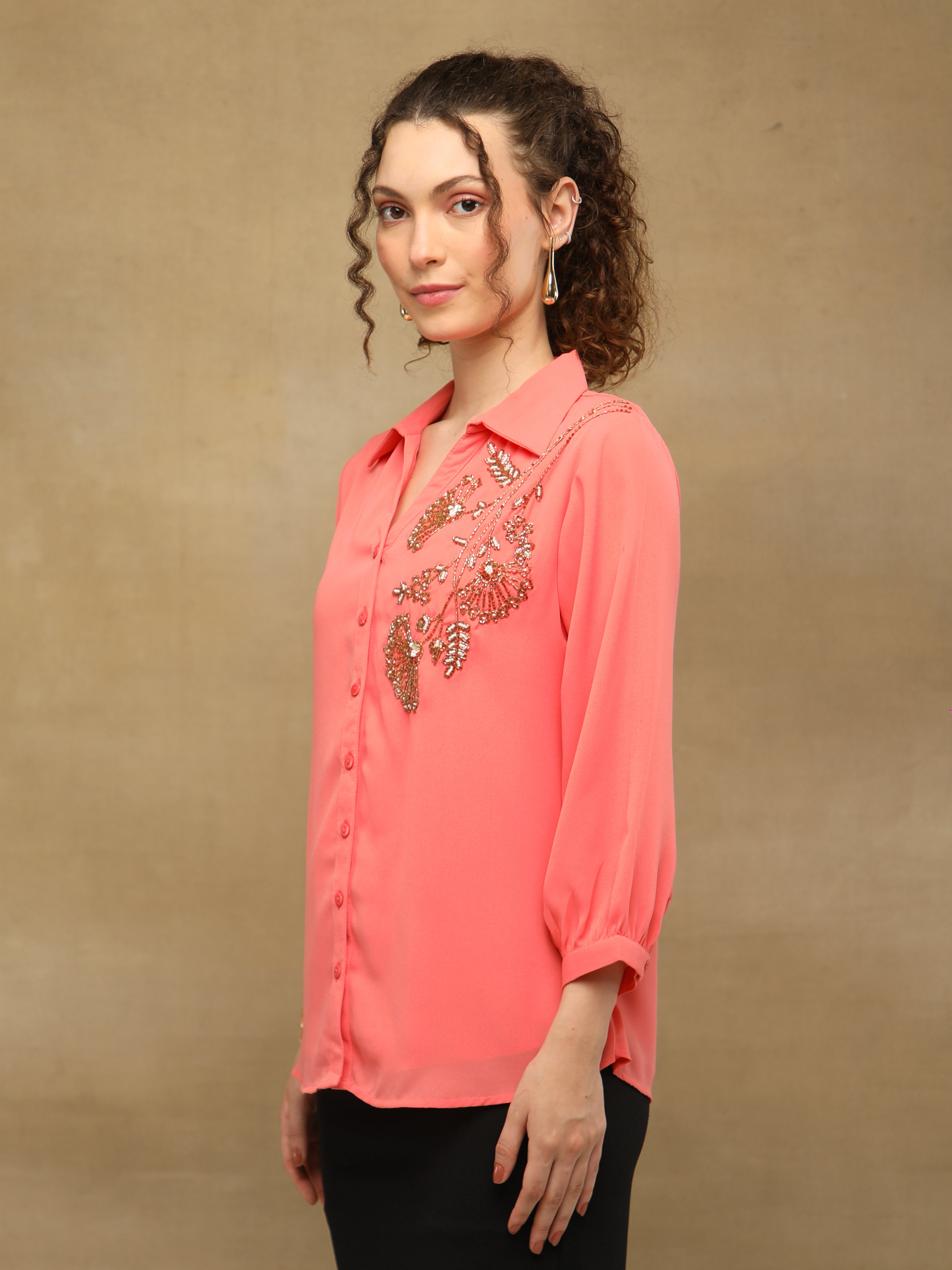 Coral Triple Flower Sequin Shirt