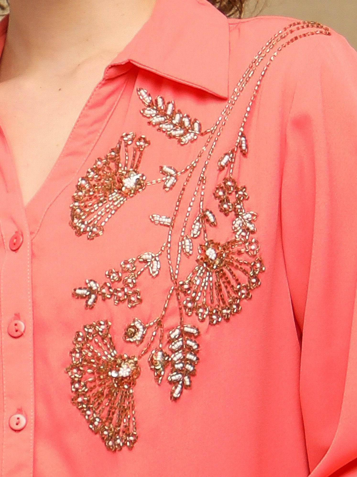 Coral Triple Flower Sequin Shirt