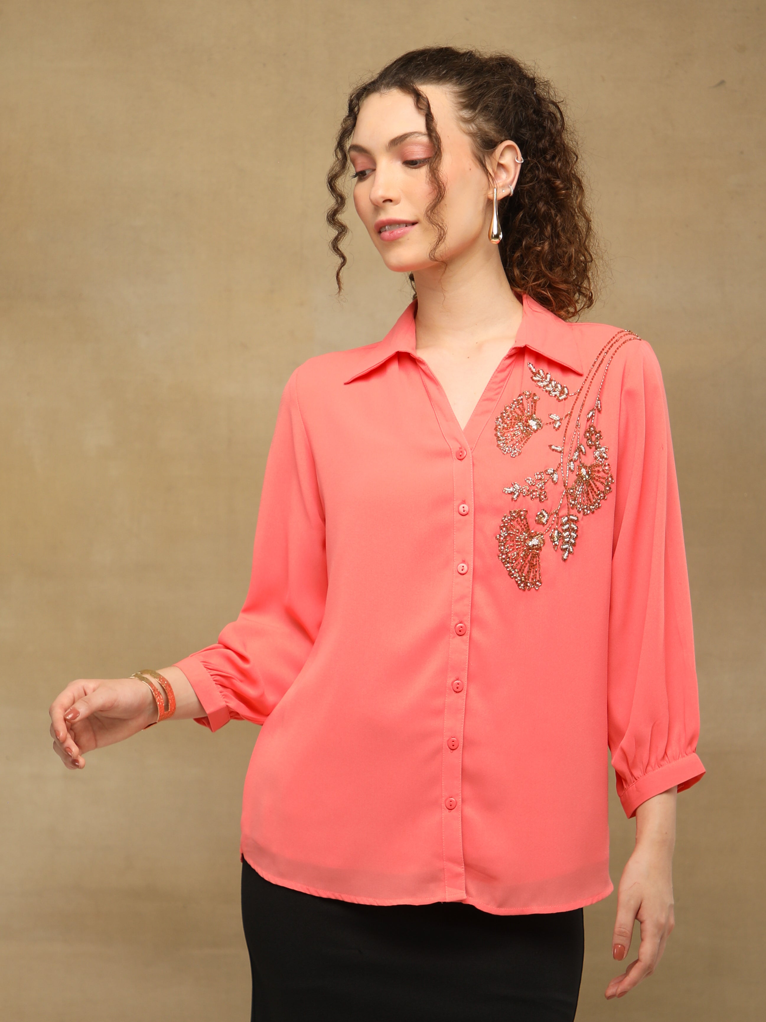 Coral Triple Flower Sequin Shirt