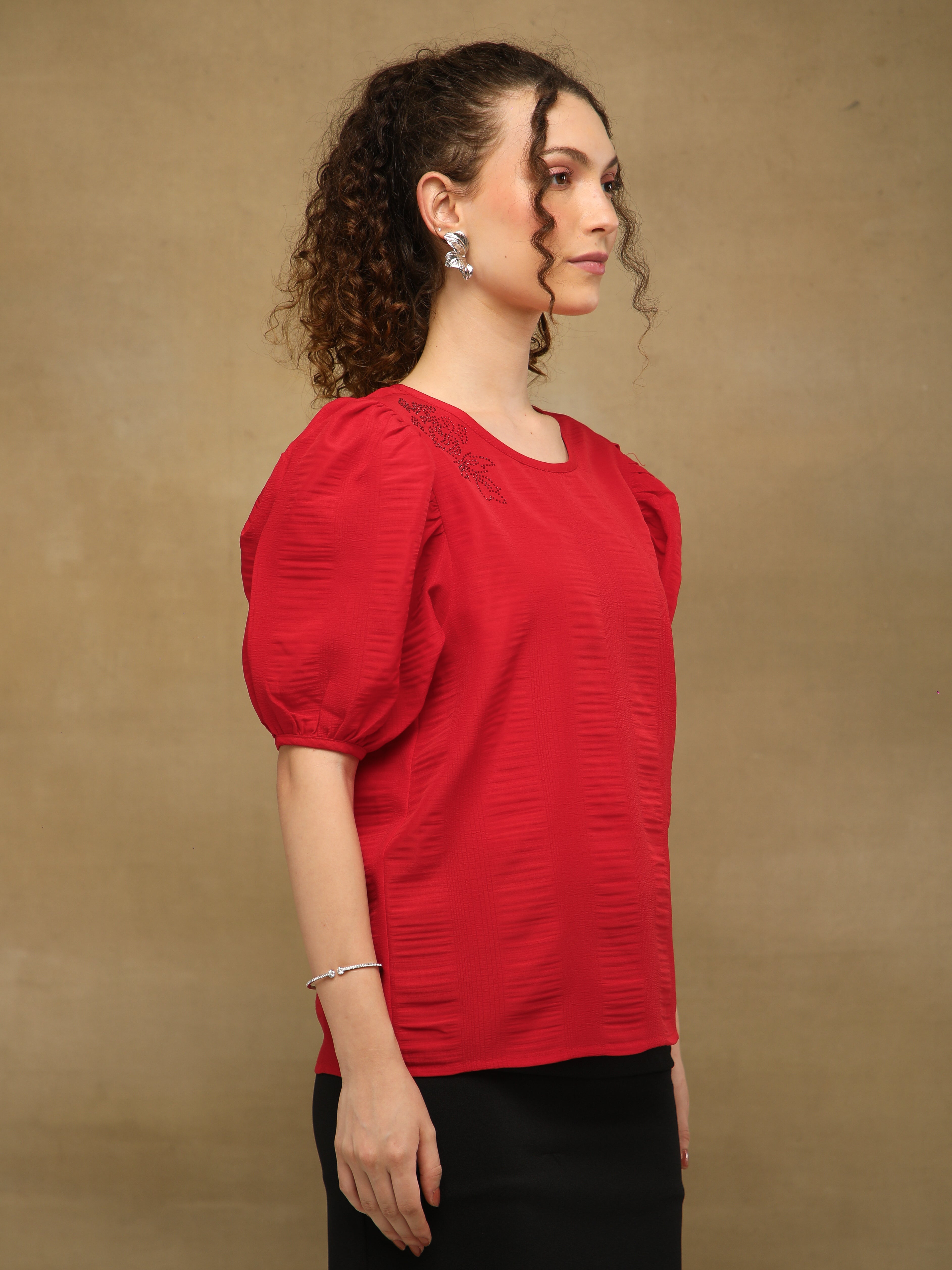 Red Swarovski Puff Sleeve Top
