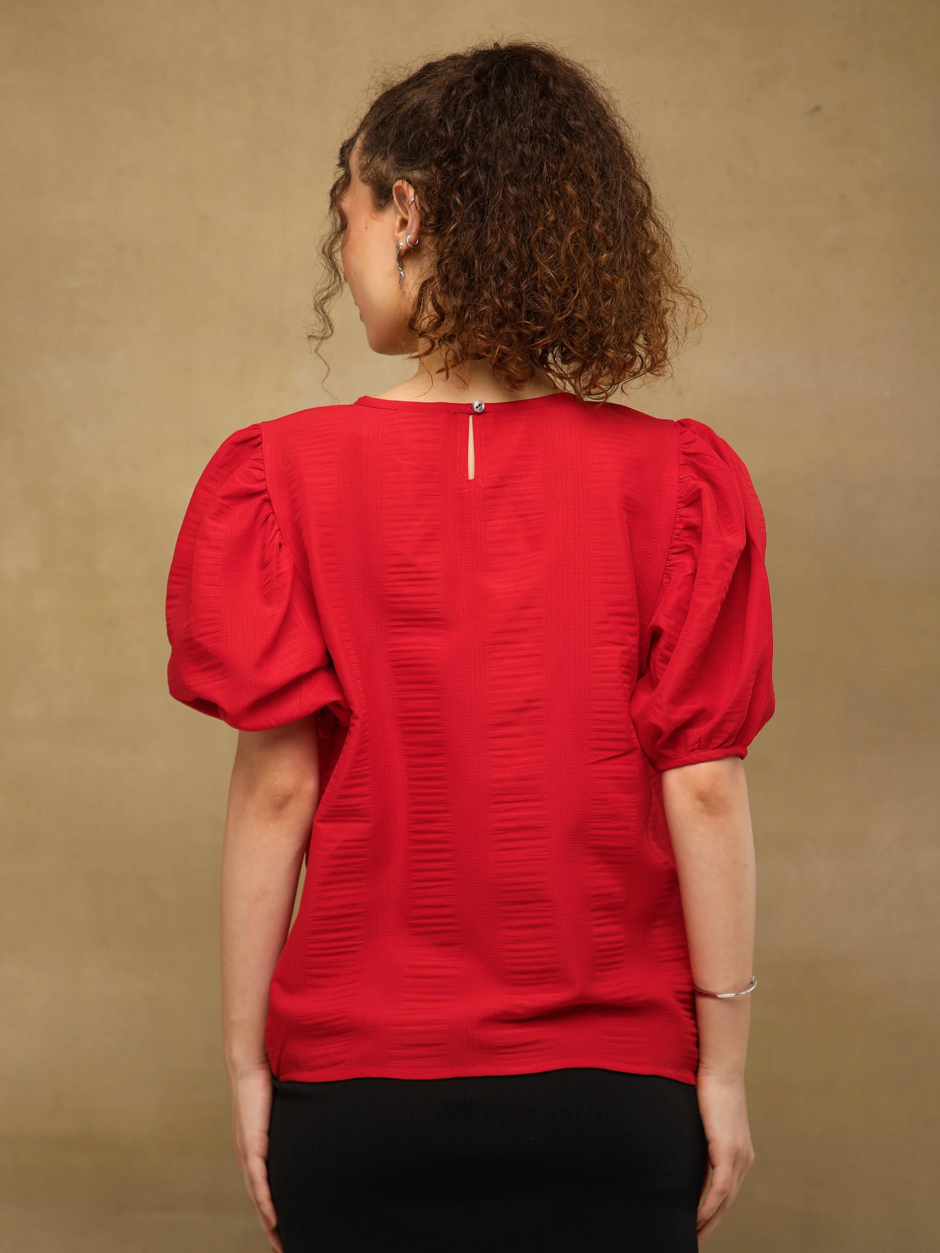 Red Swarovski Puff Sleeve Top