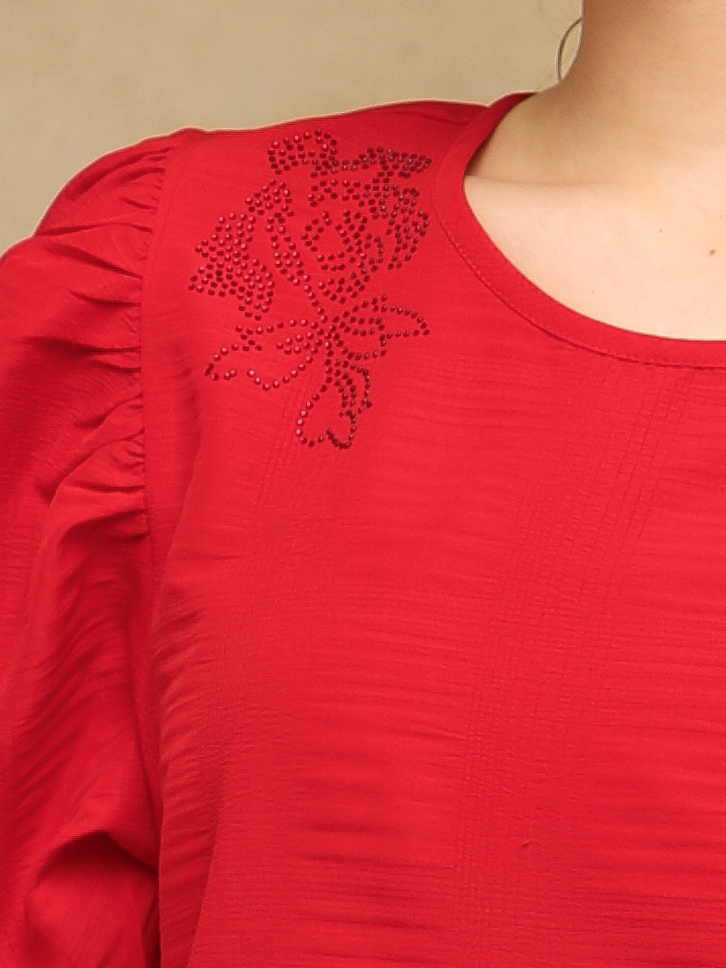 Red Swarovski Puff Sleeve Top