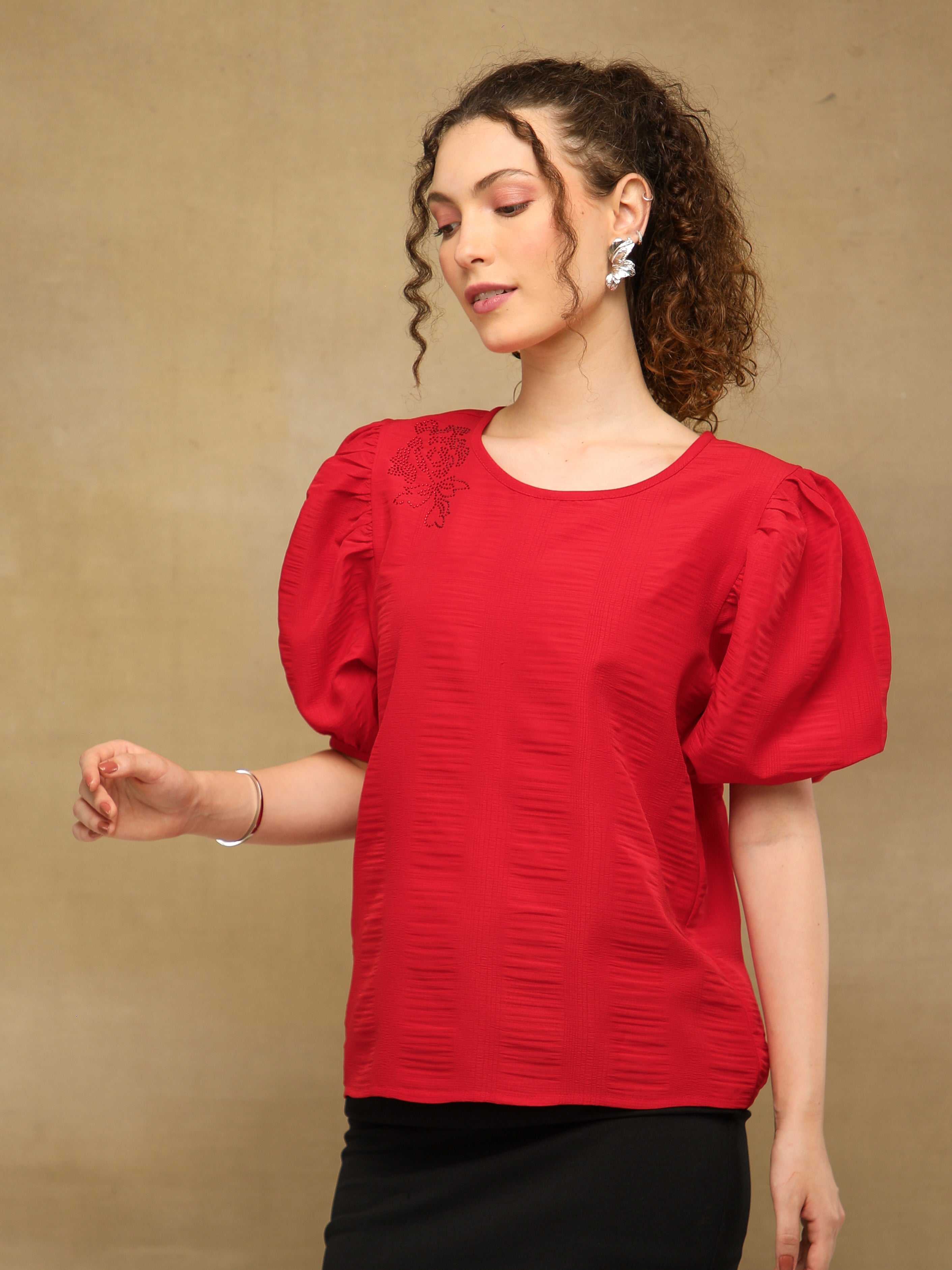 Red Swarovski Puff Sleeve Top