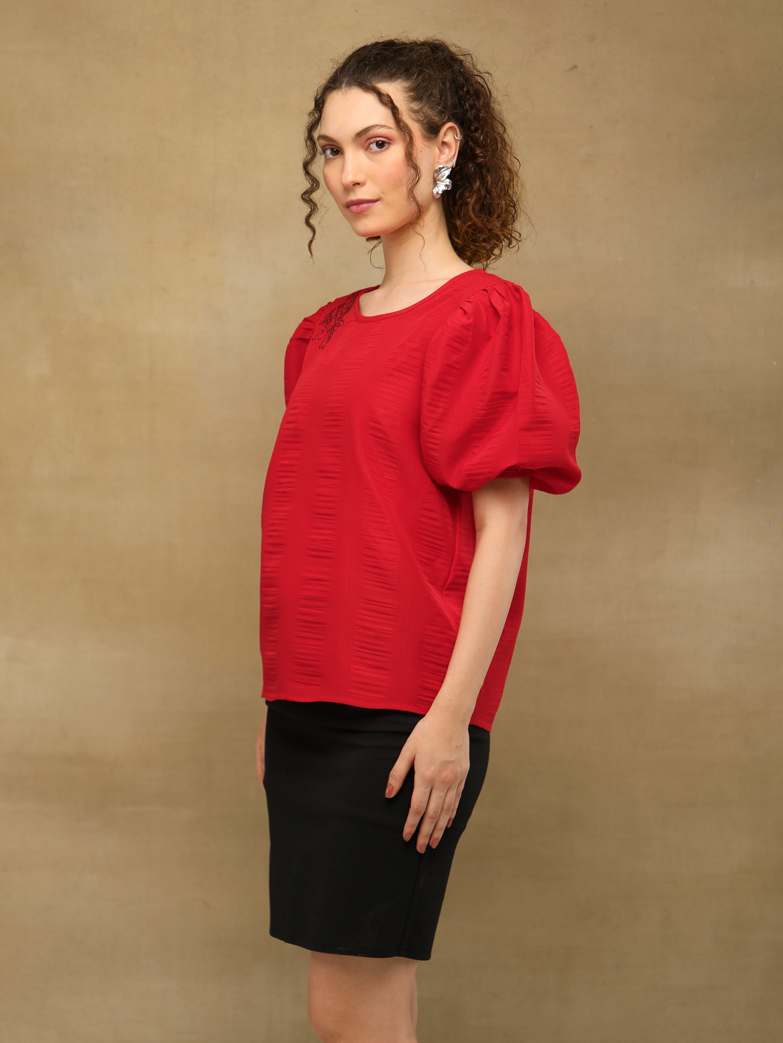 Red Swarovski Puff Sleeve Top