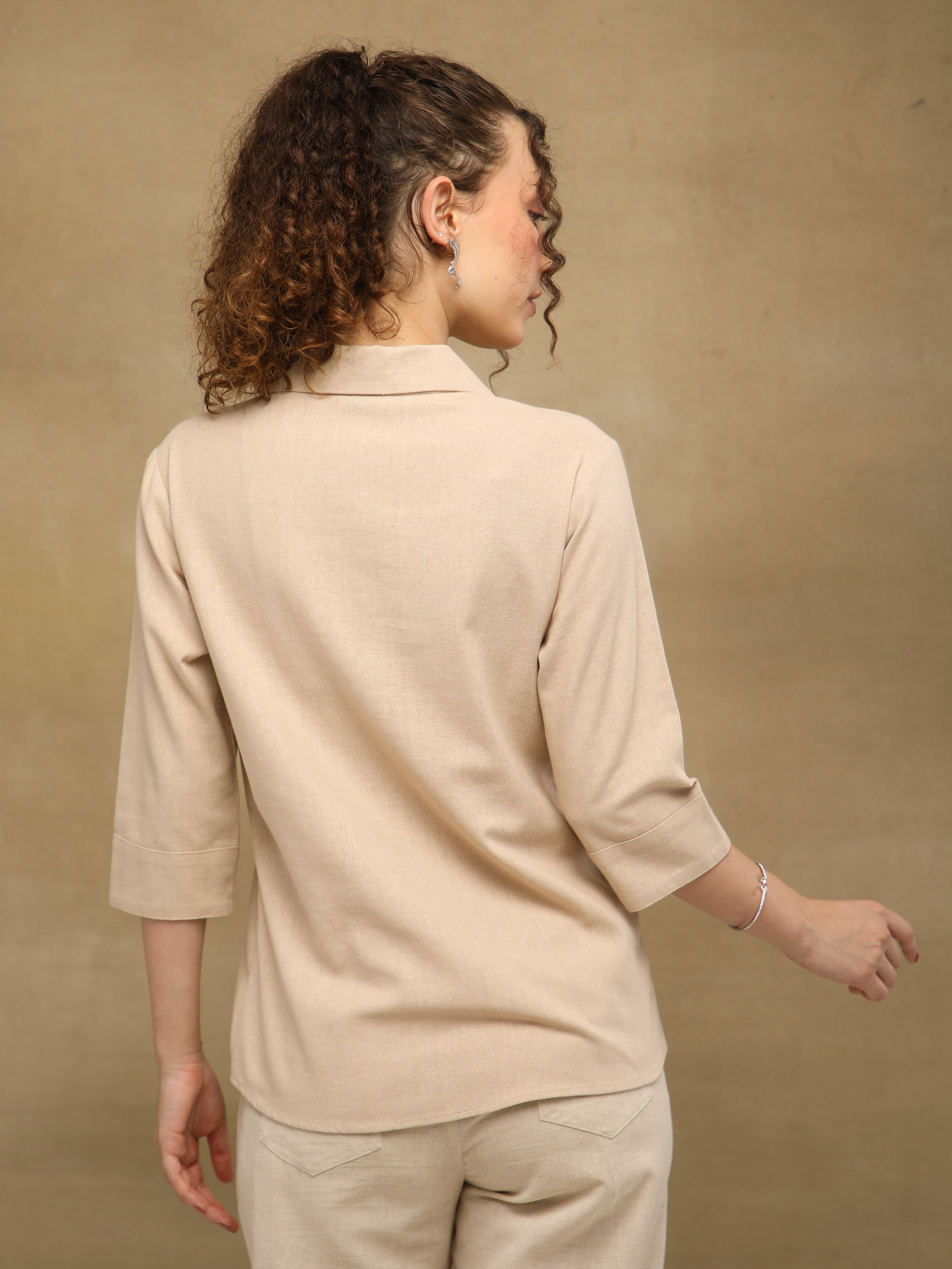 Linen Blossom Embroidered Beige Shirt