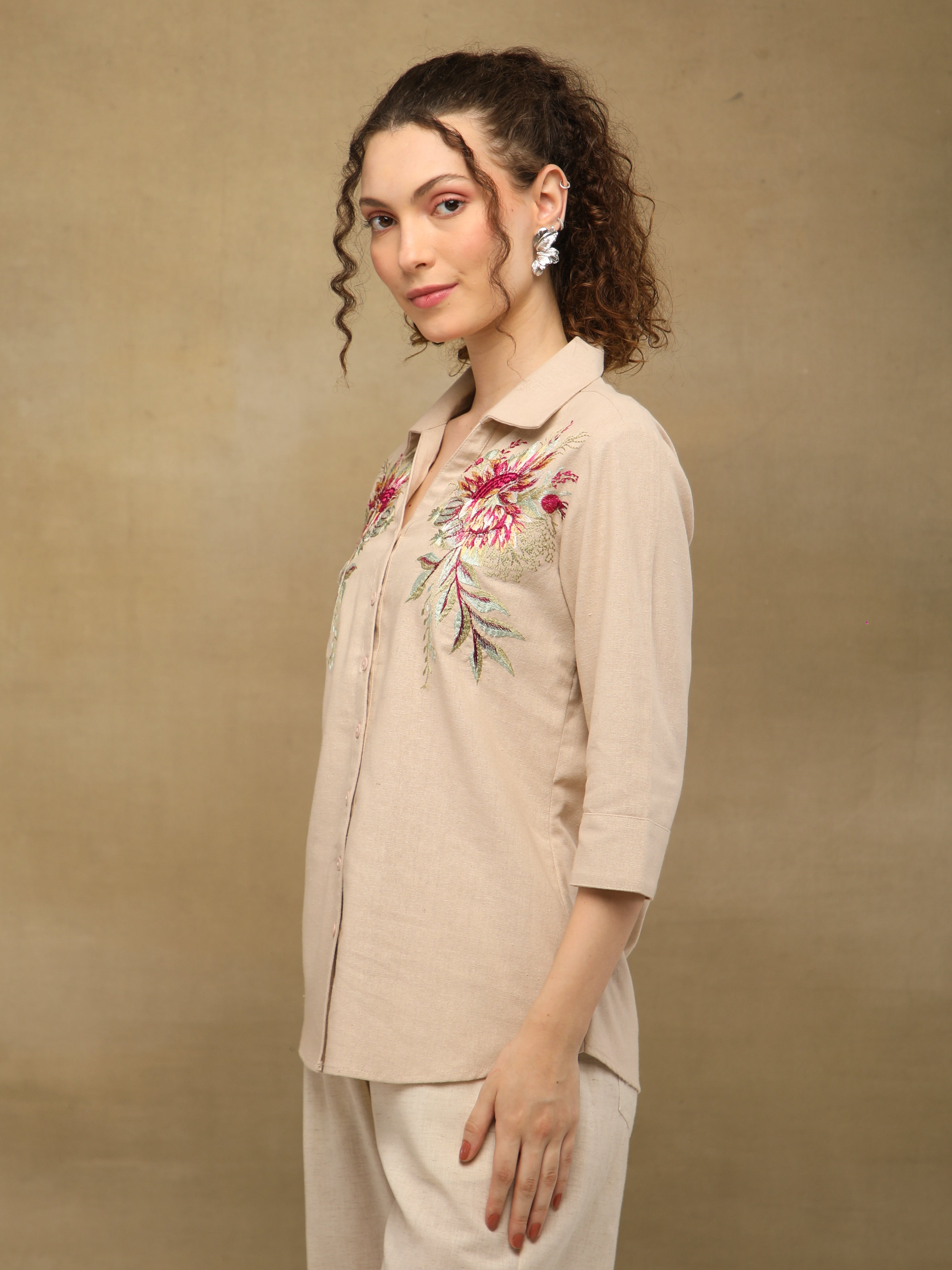 Linen Blossom Embroidered Beige Shirt