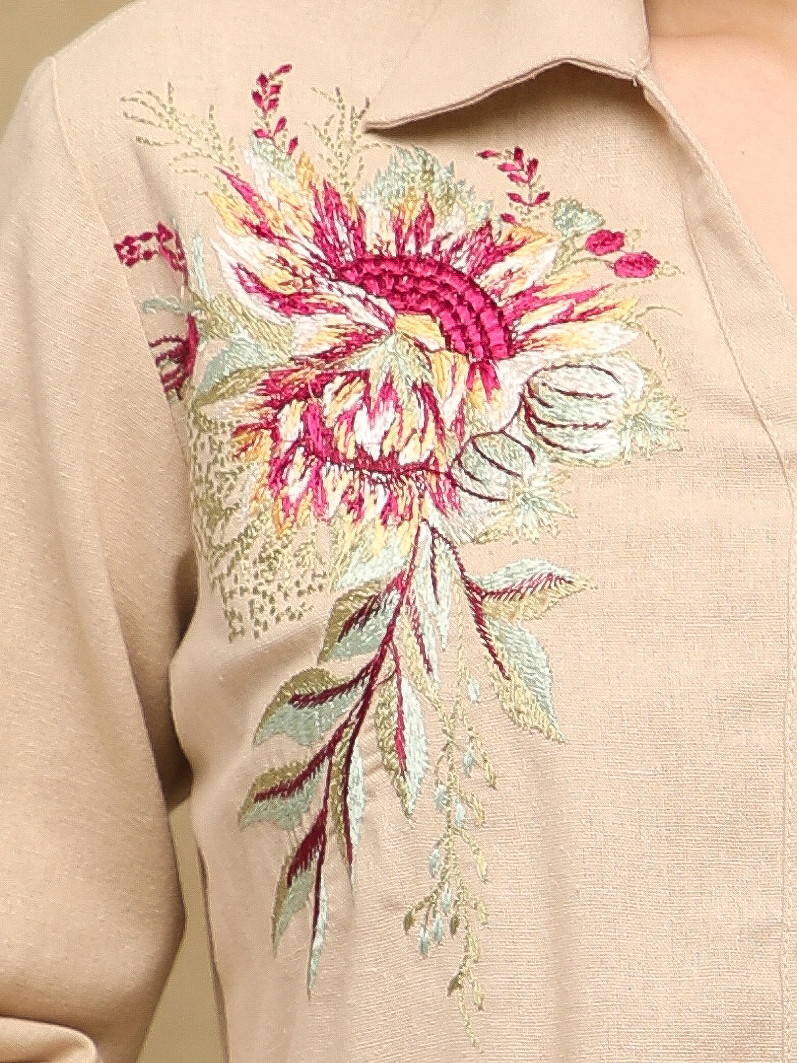 Linen Blossom Embroidered Beige Shirt