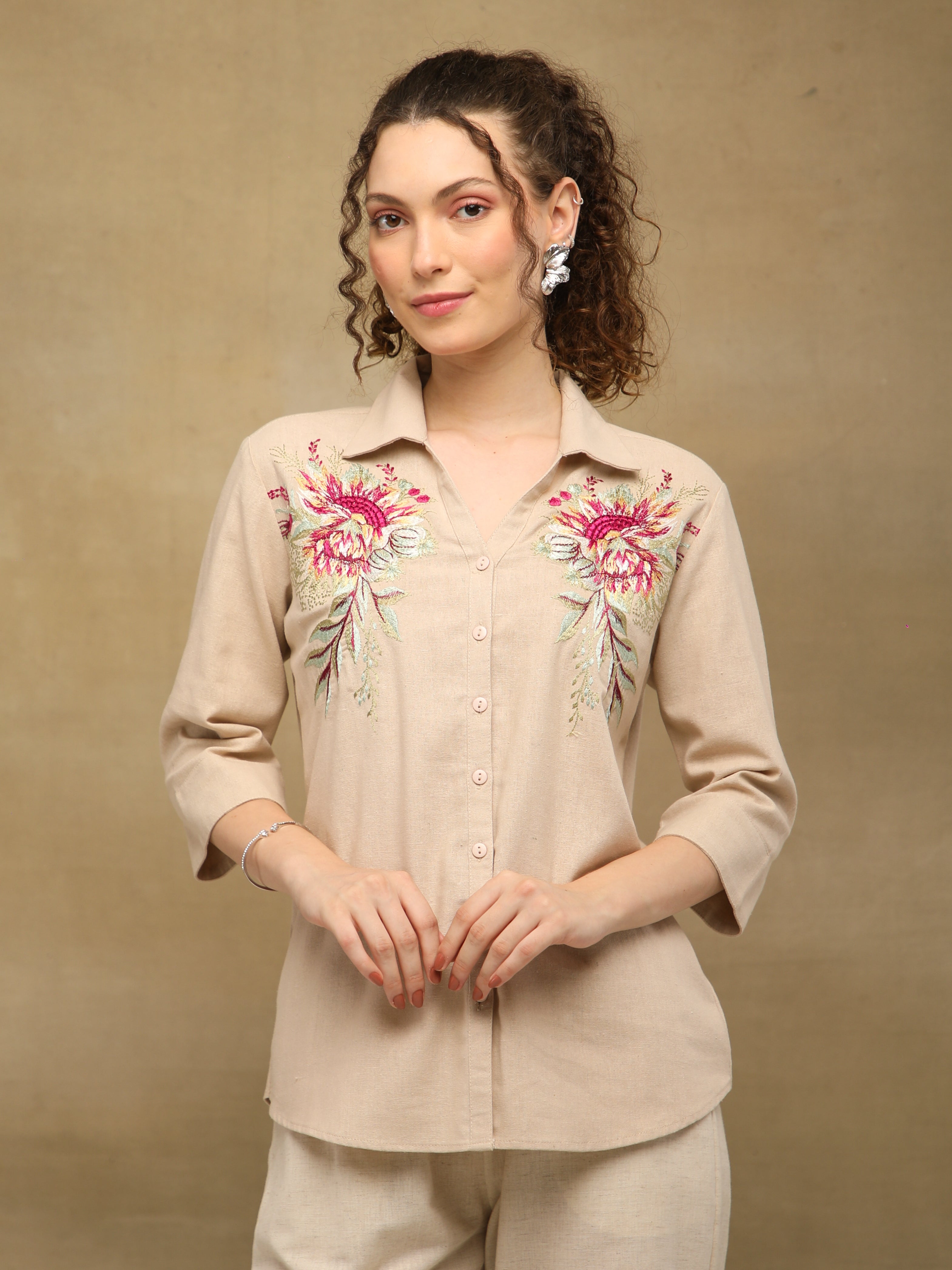 Linen Blossom Embroidered Beige Shirt