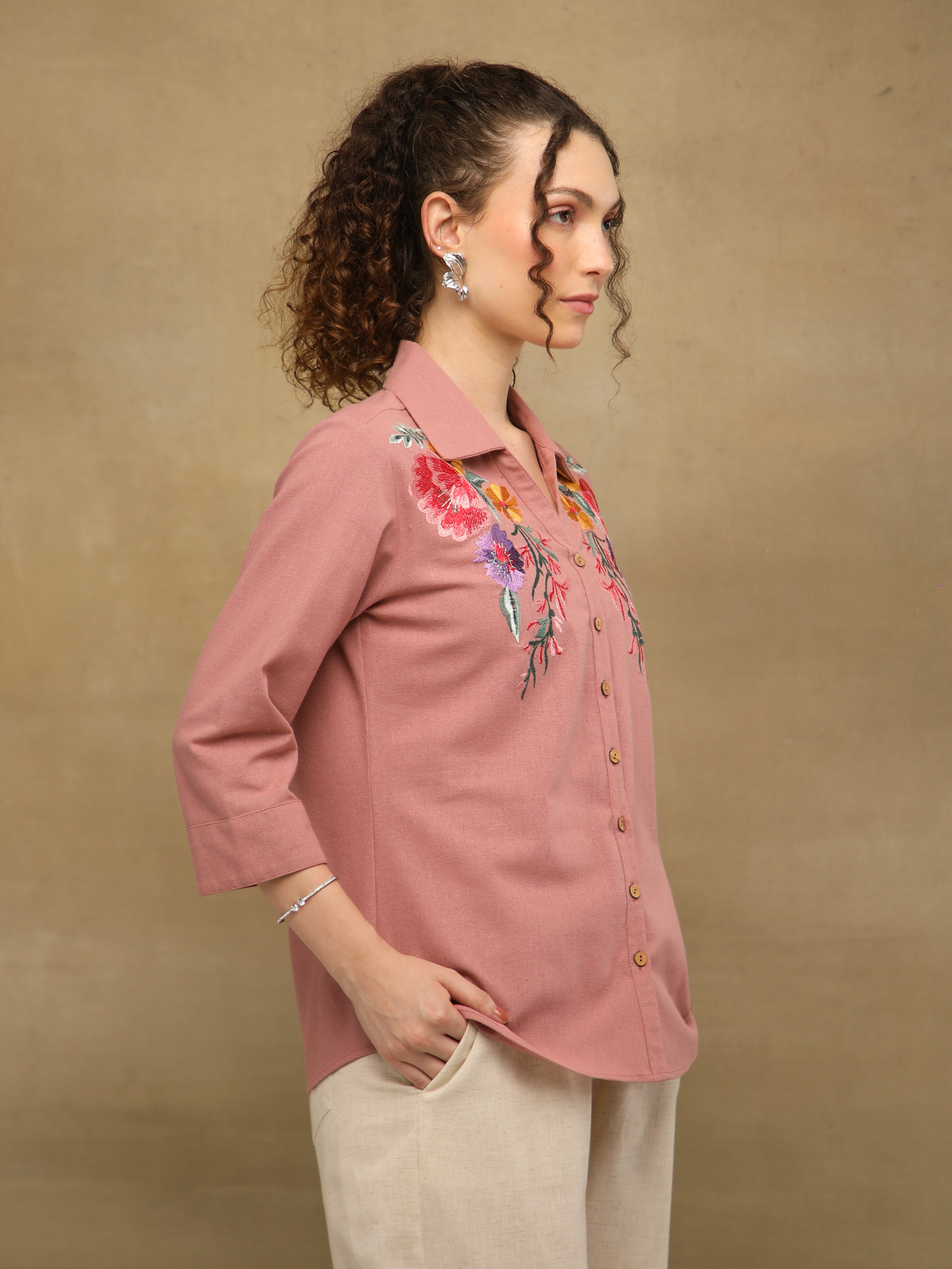 Linen Rosette Garden Embroidered Shirt