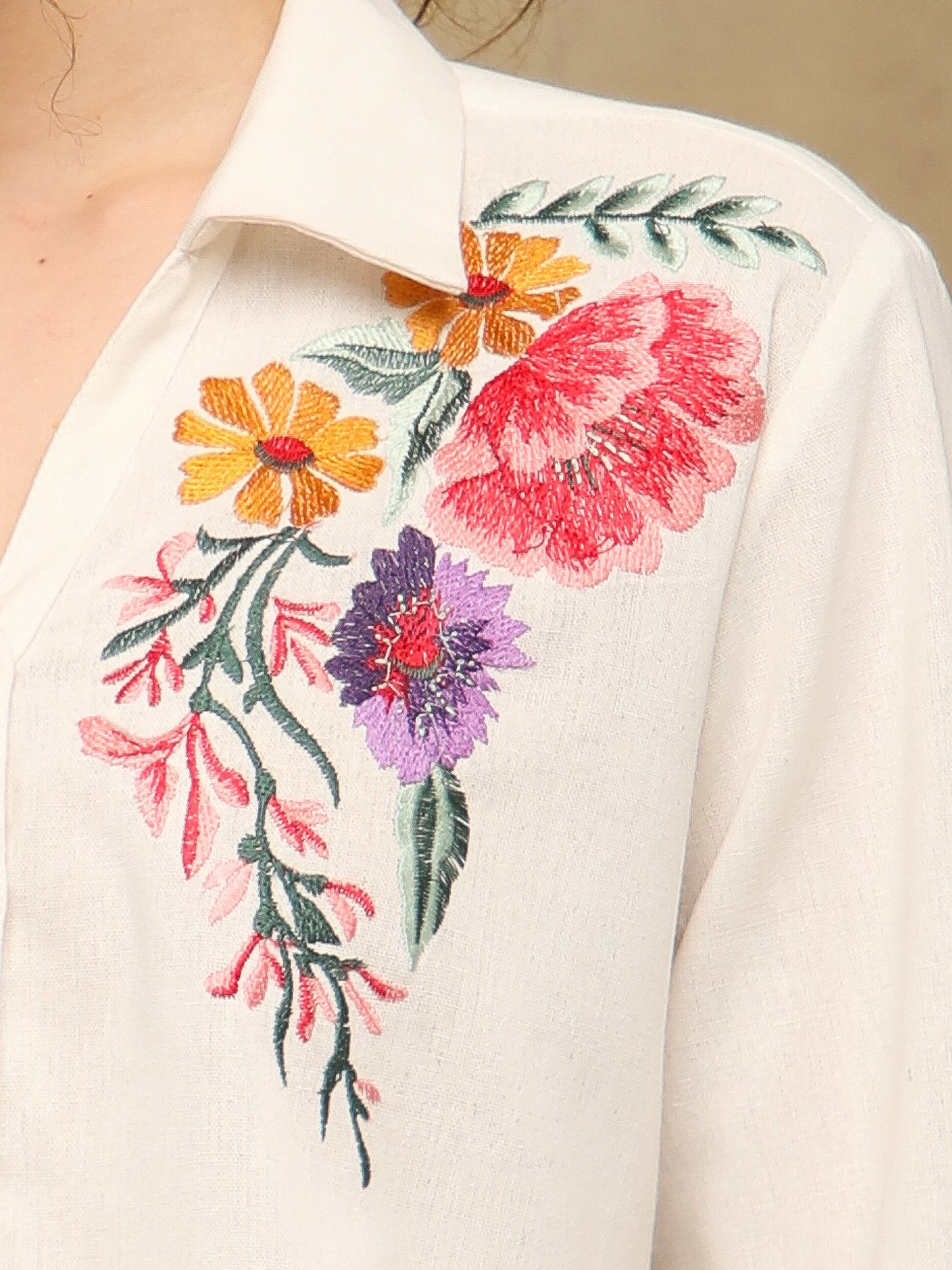 Linen White Garden Embroidered Shirt