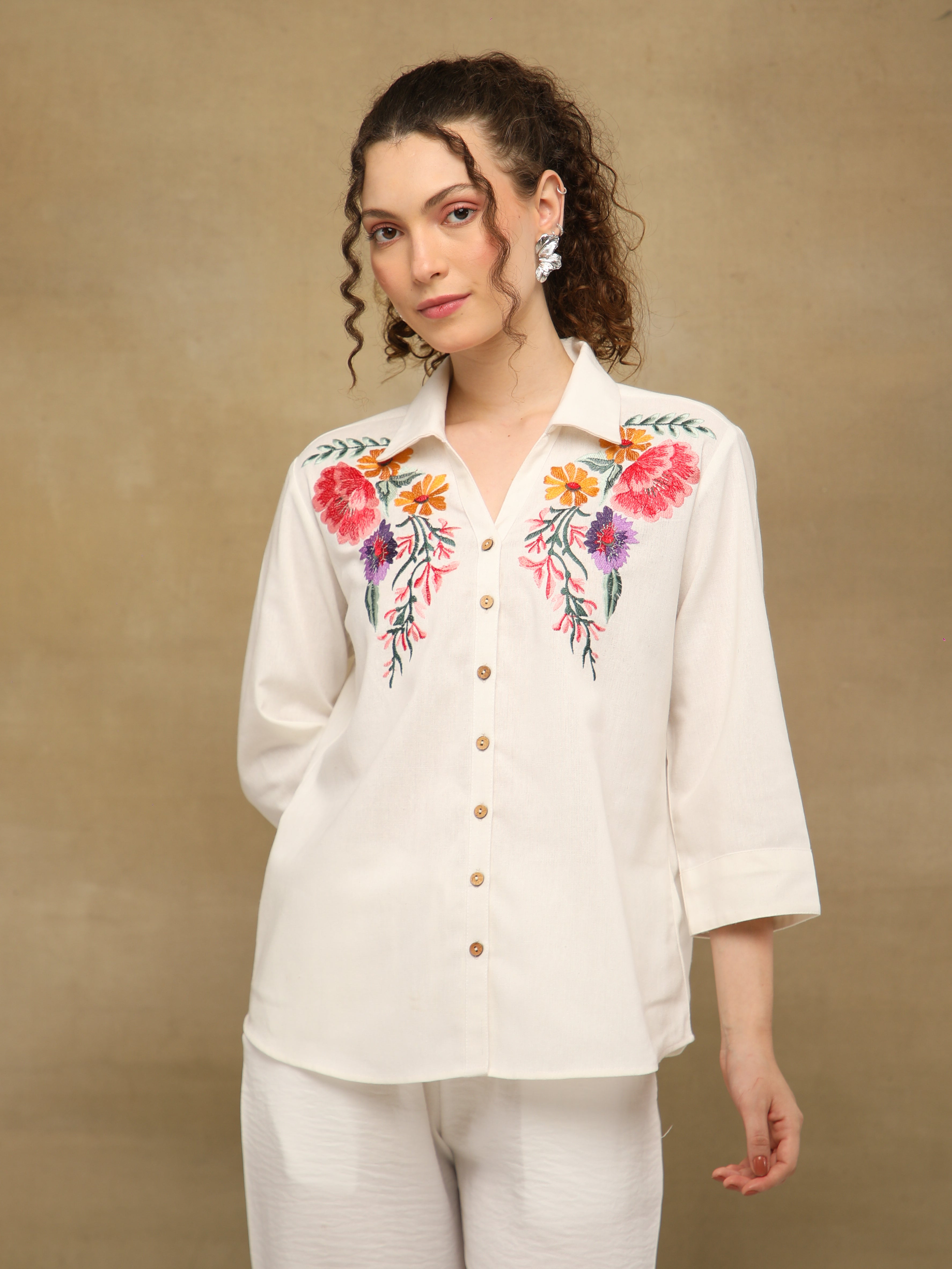 Linen White Garden Embroidered Shirt