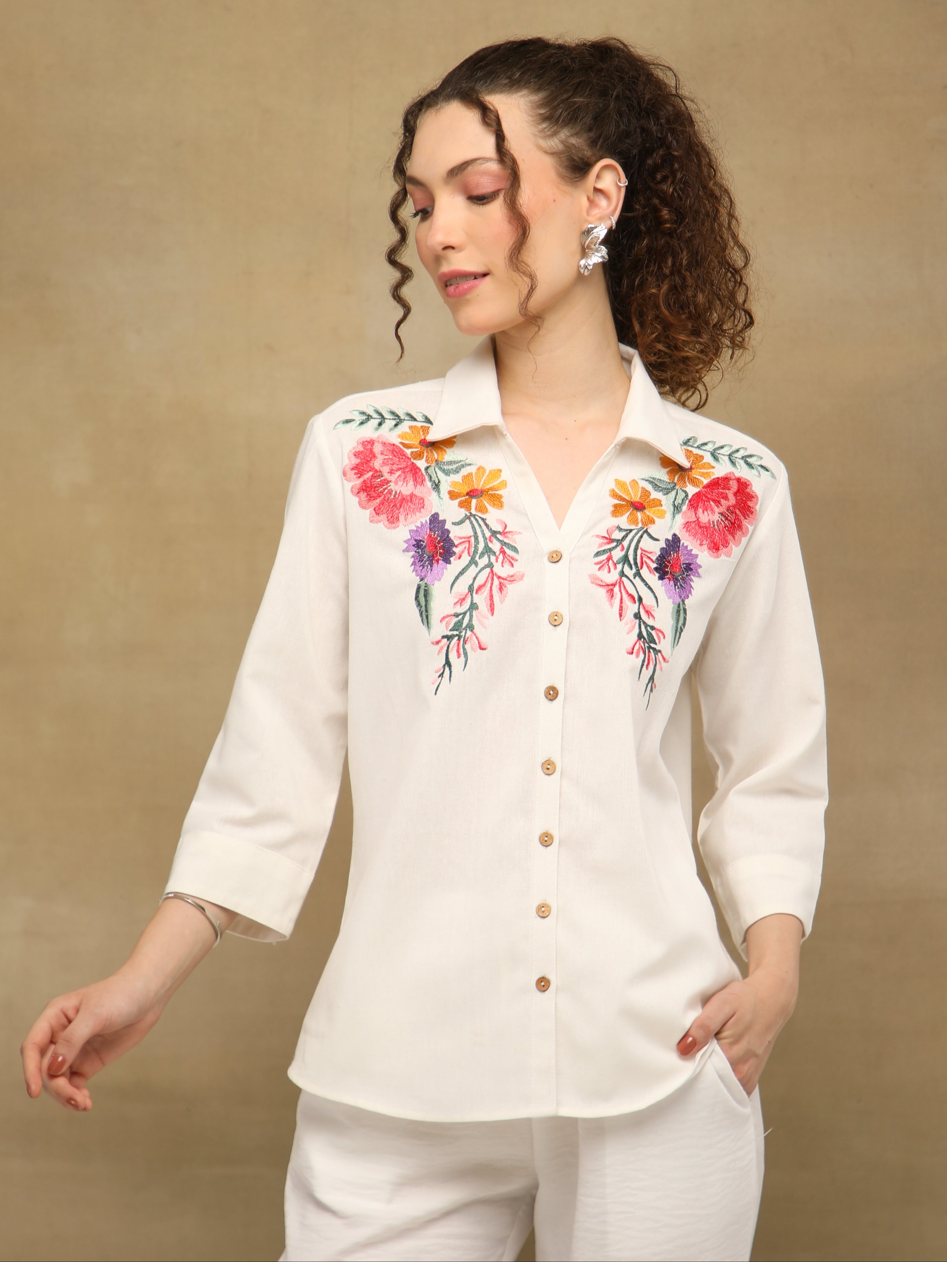 Linen White Garden Embroidered Shirt