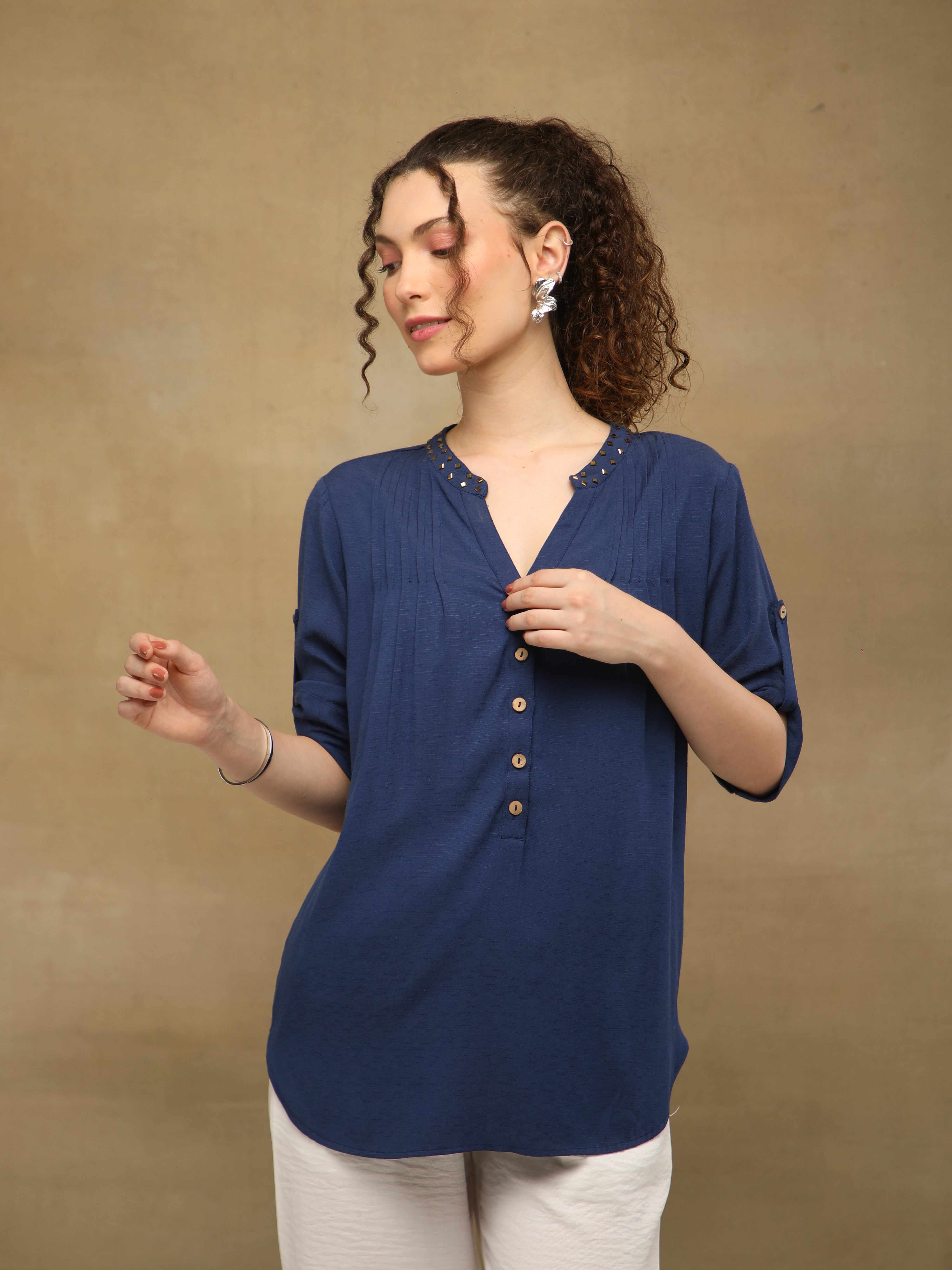 Rayon Slub Swarovski Navy Top
