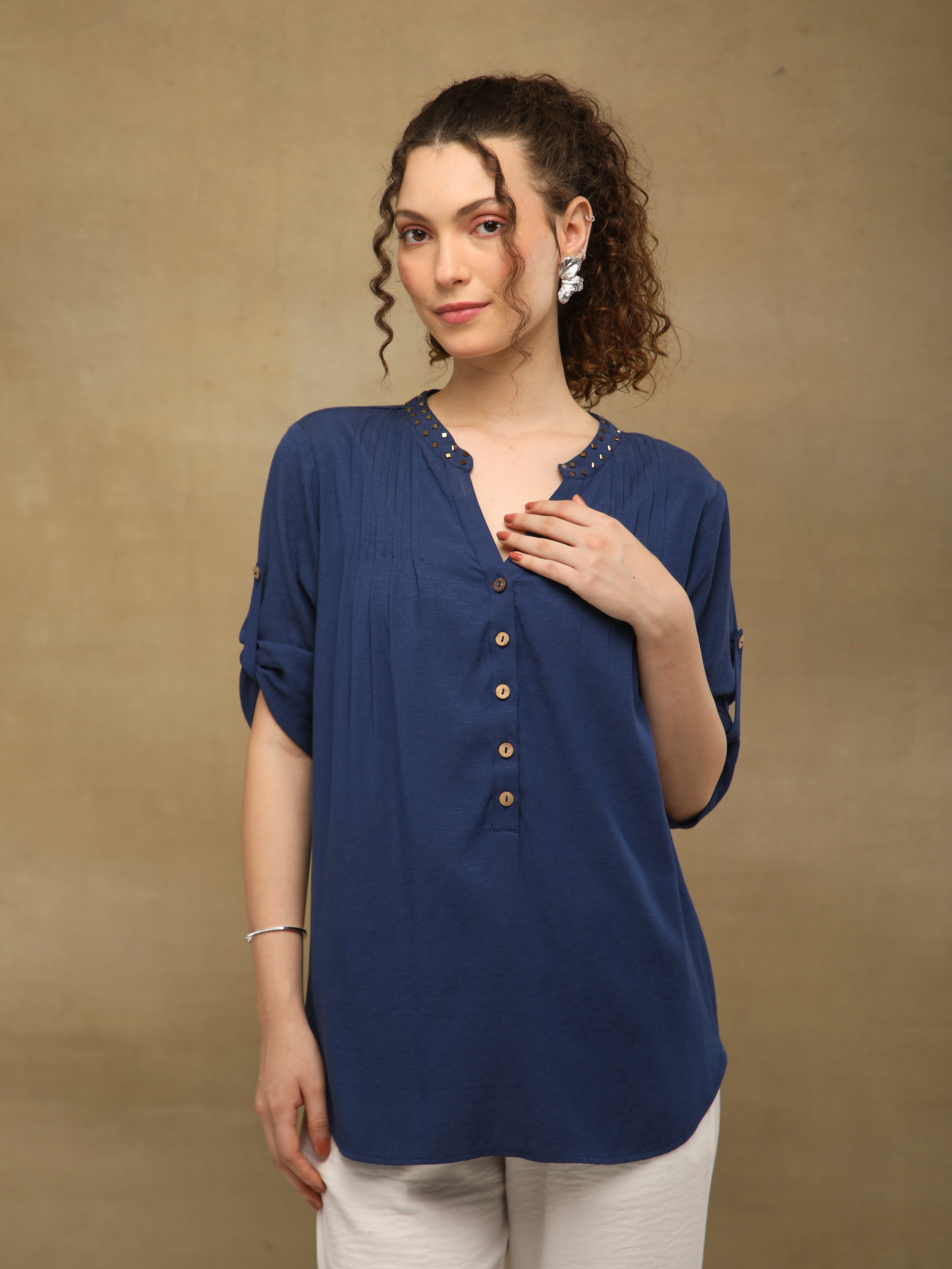 Rayon Slub Swarovski Navy Top