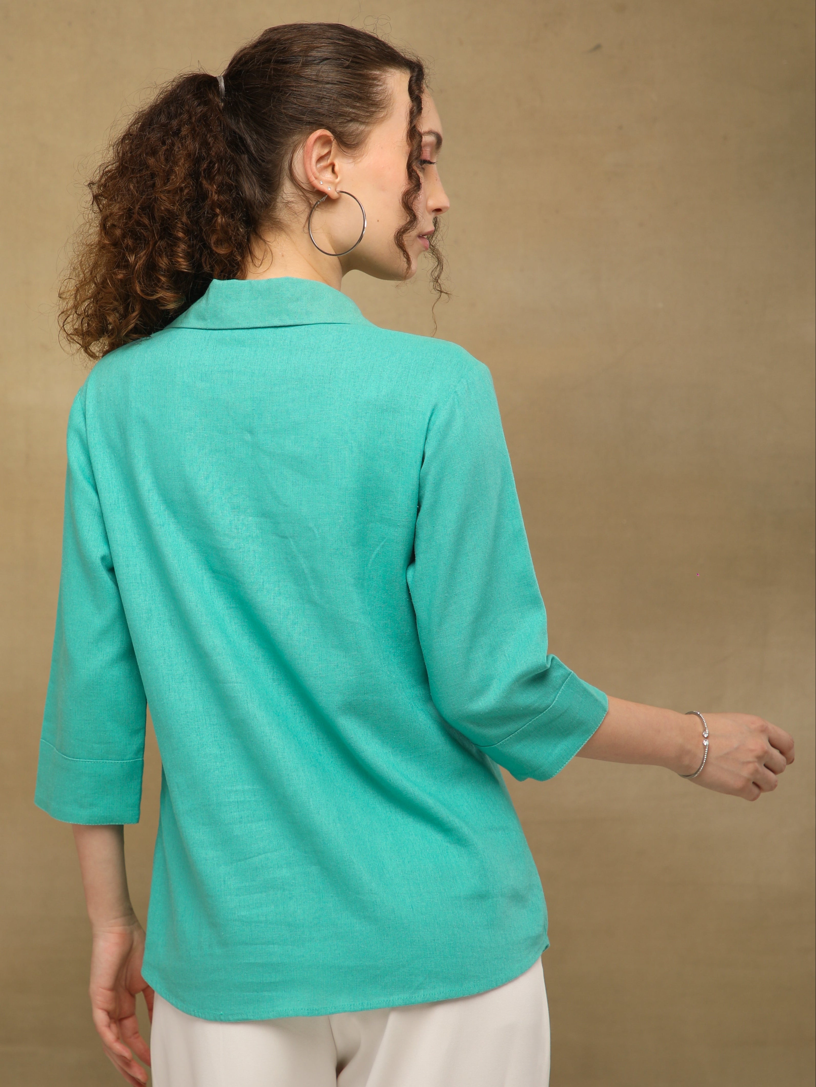 Linen Blossom Embroidered Mint Shirt