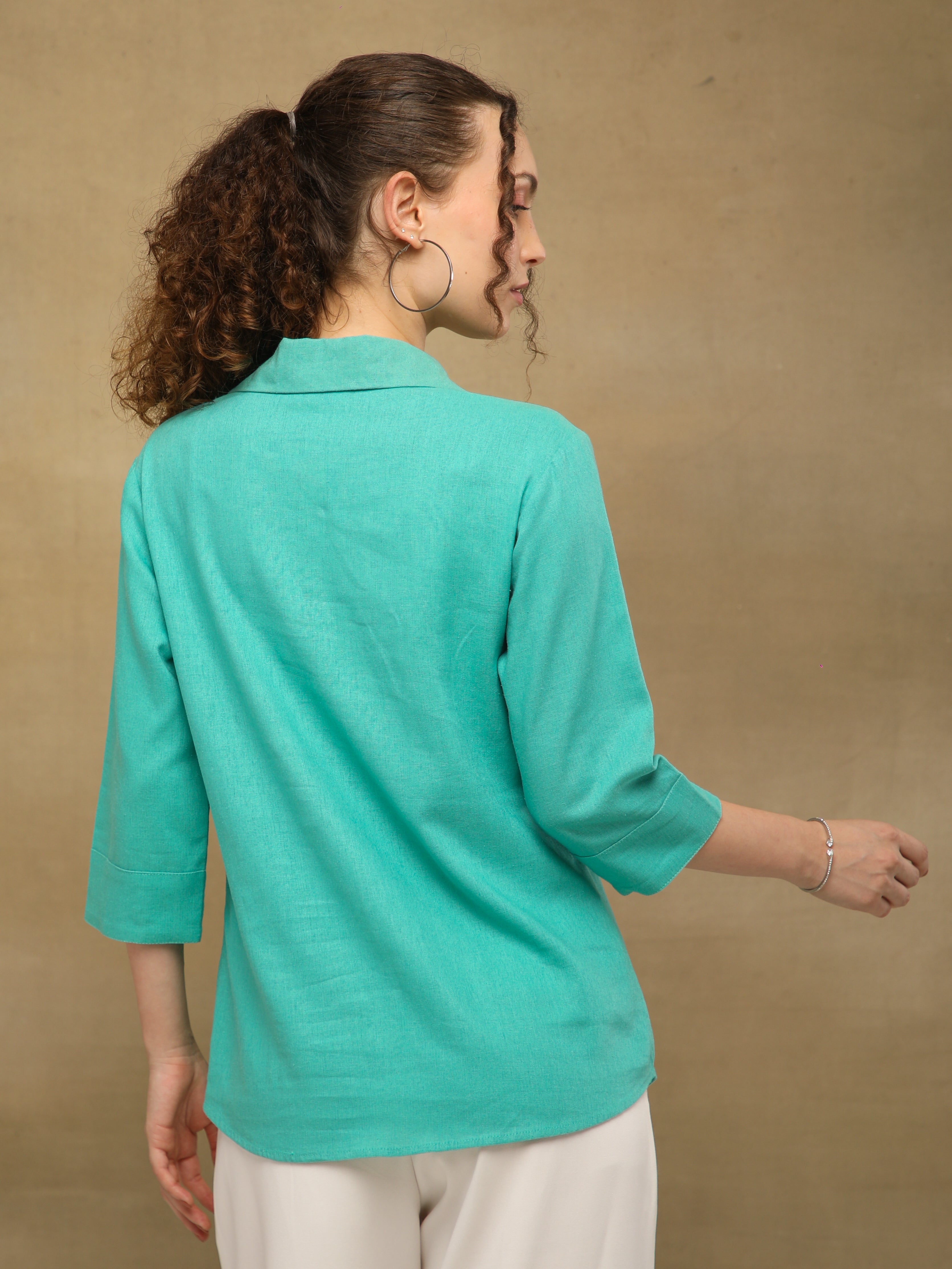 Linen Blossom Embroidered Mint Shirt