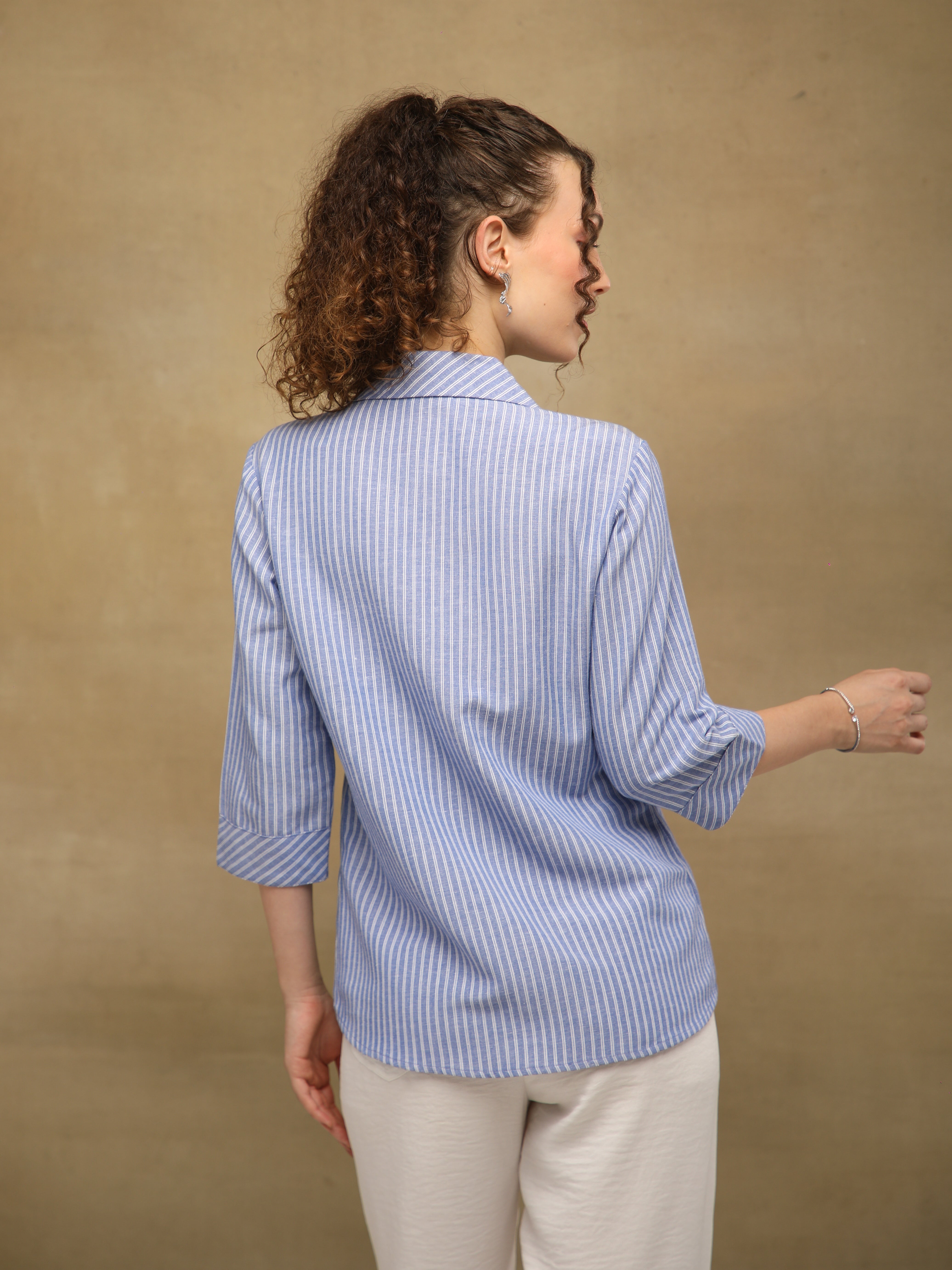 Embroidered Pinstripe Indigo Linen Shirt