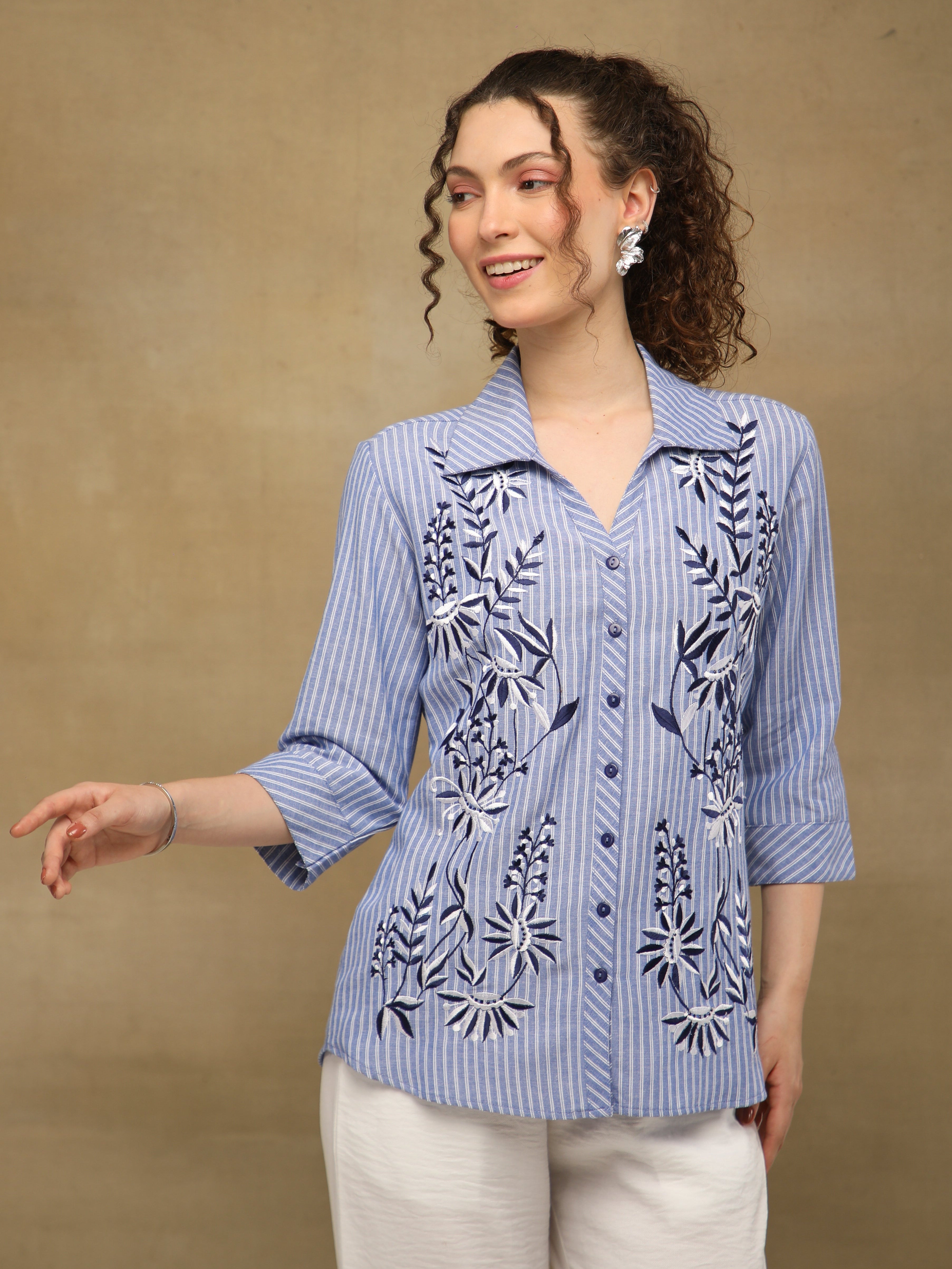 Embroidered Pinstripe Indigo Linen Shirt