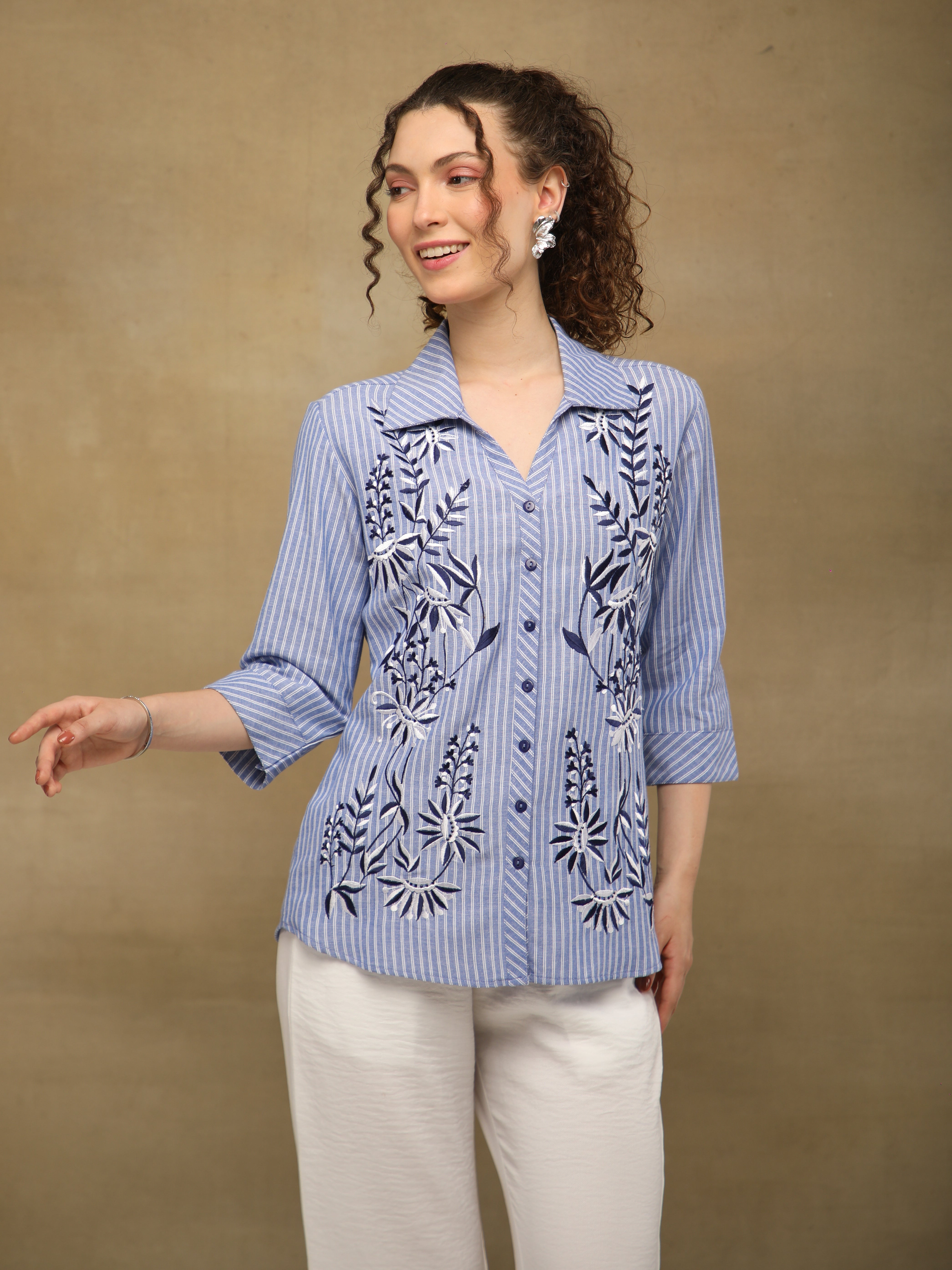 Embroidered Pinstripe Indigo Linen Shirt
