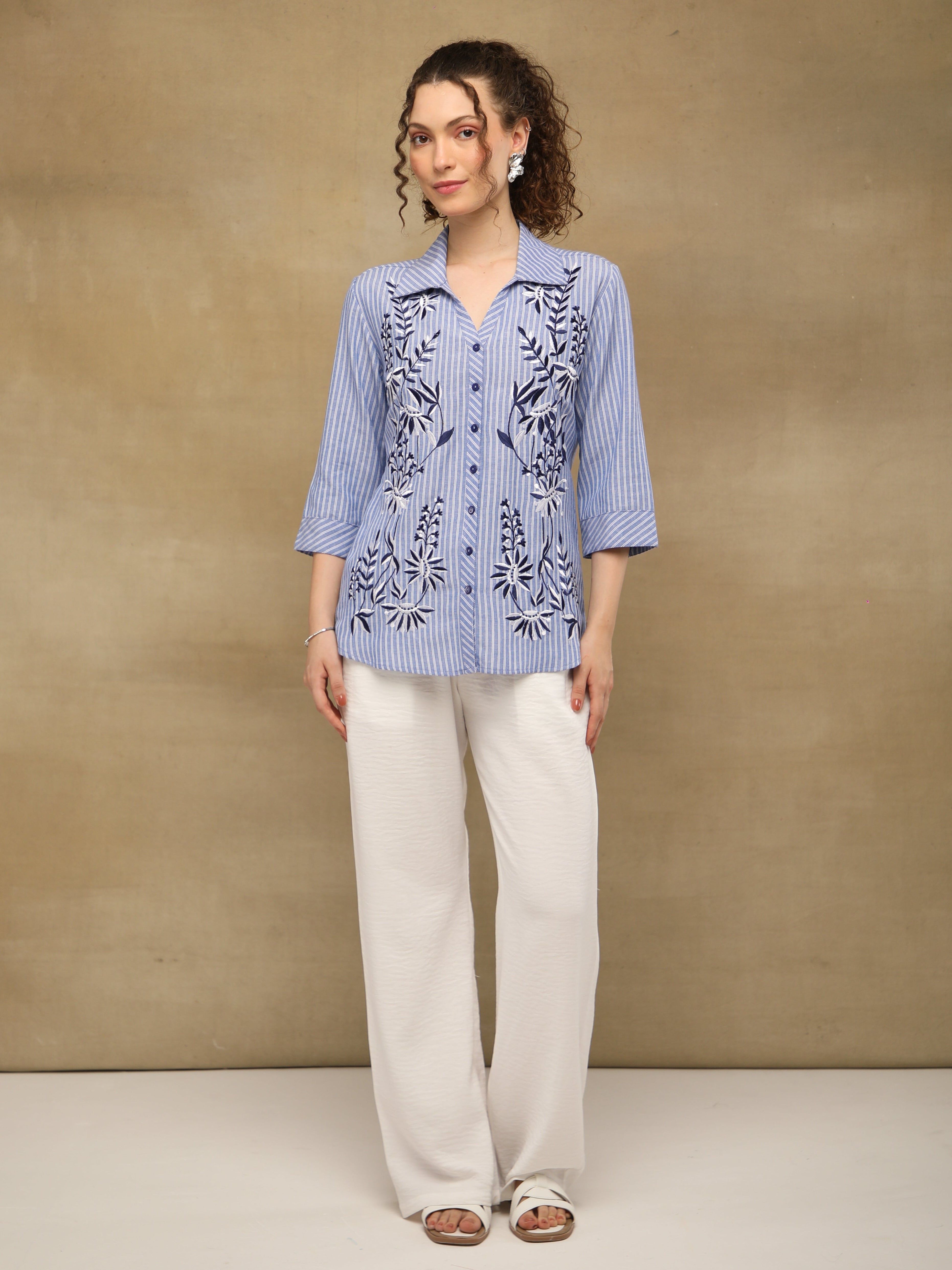 Embroidered Pinstripe Indigo Linen Shirt