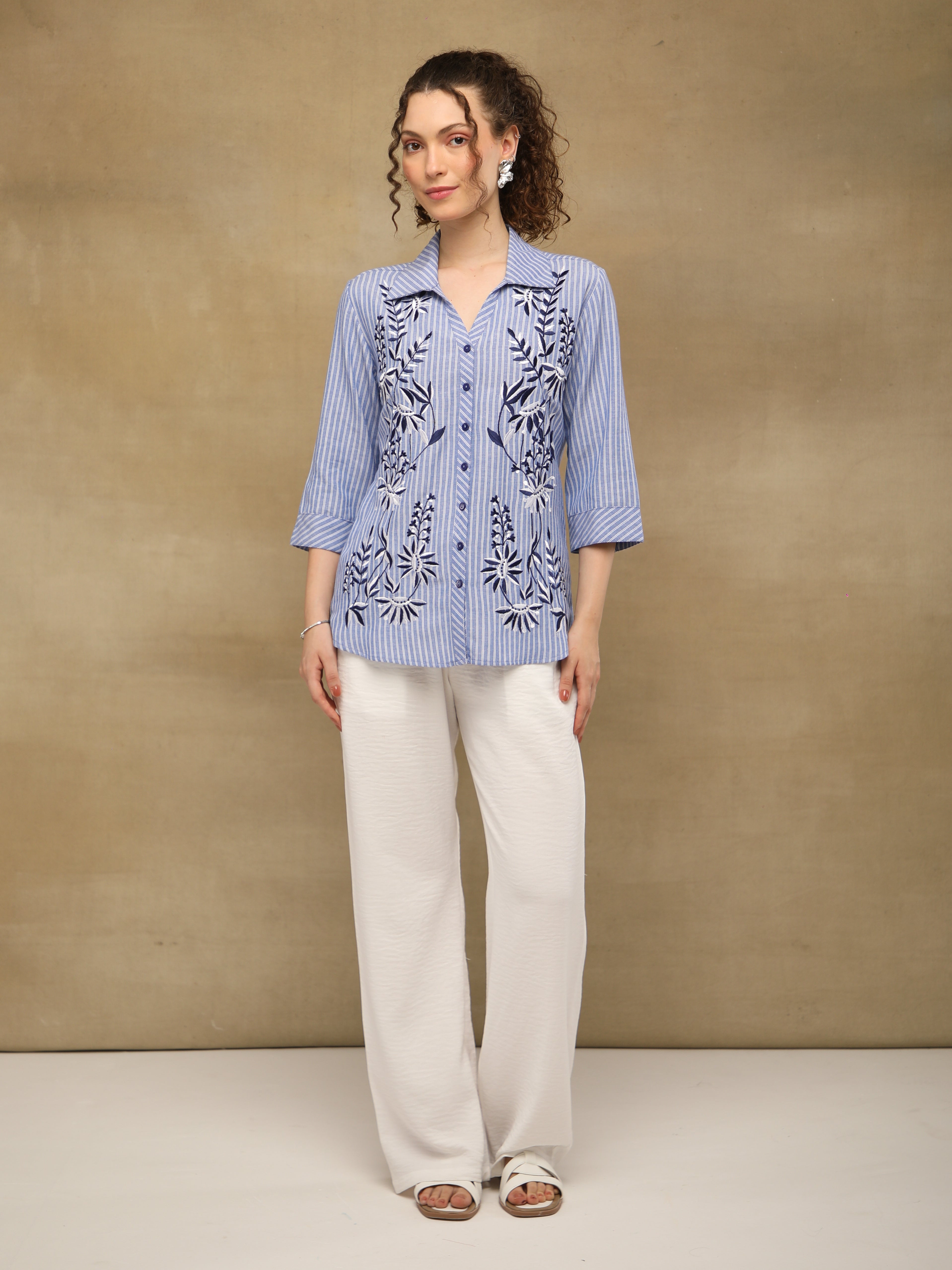 Embroidered Pinstripe Indigo Linen Shirt