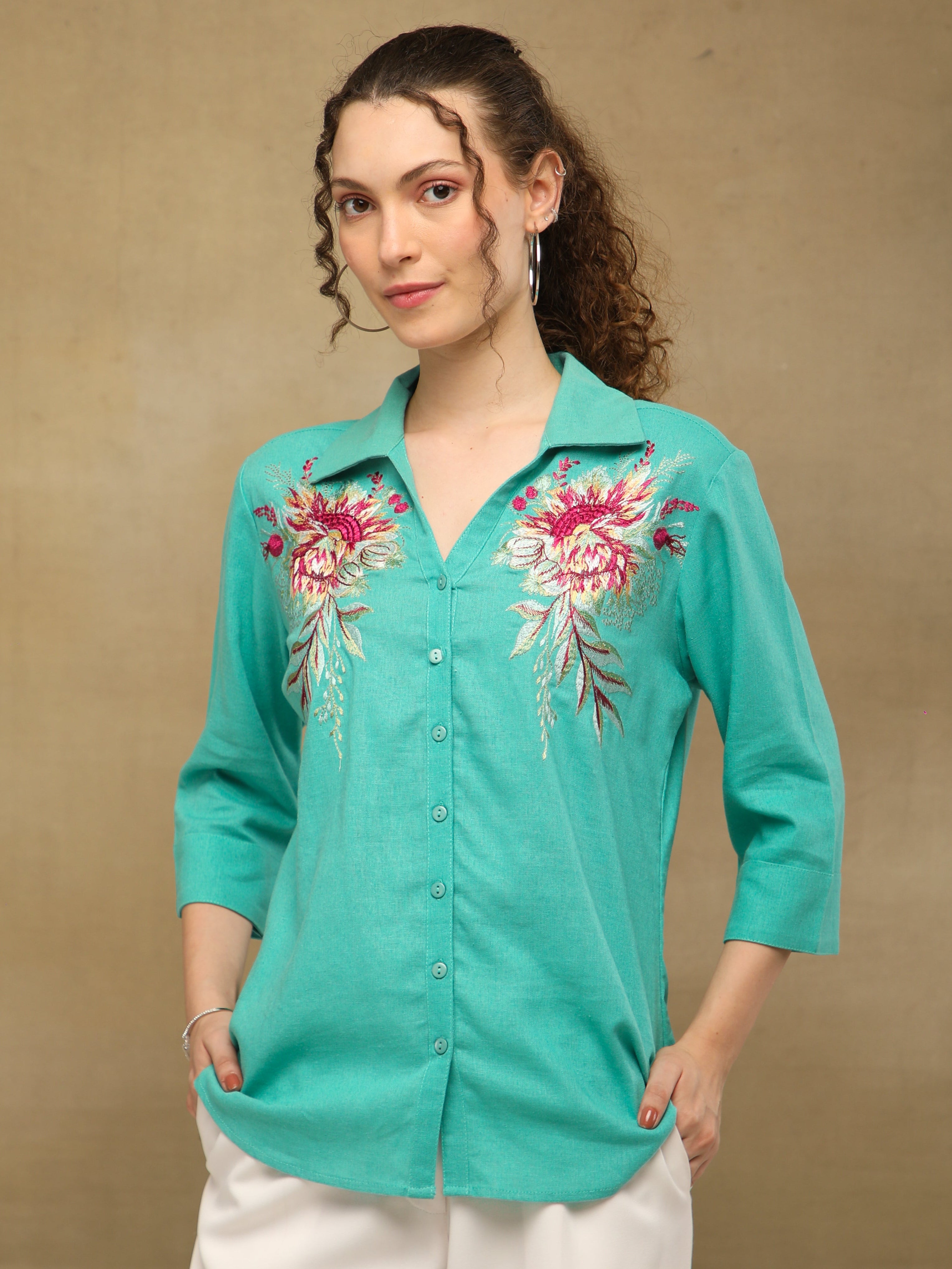 Linen Blossom Embroidered Mint Shirt