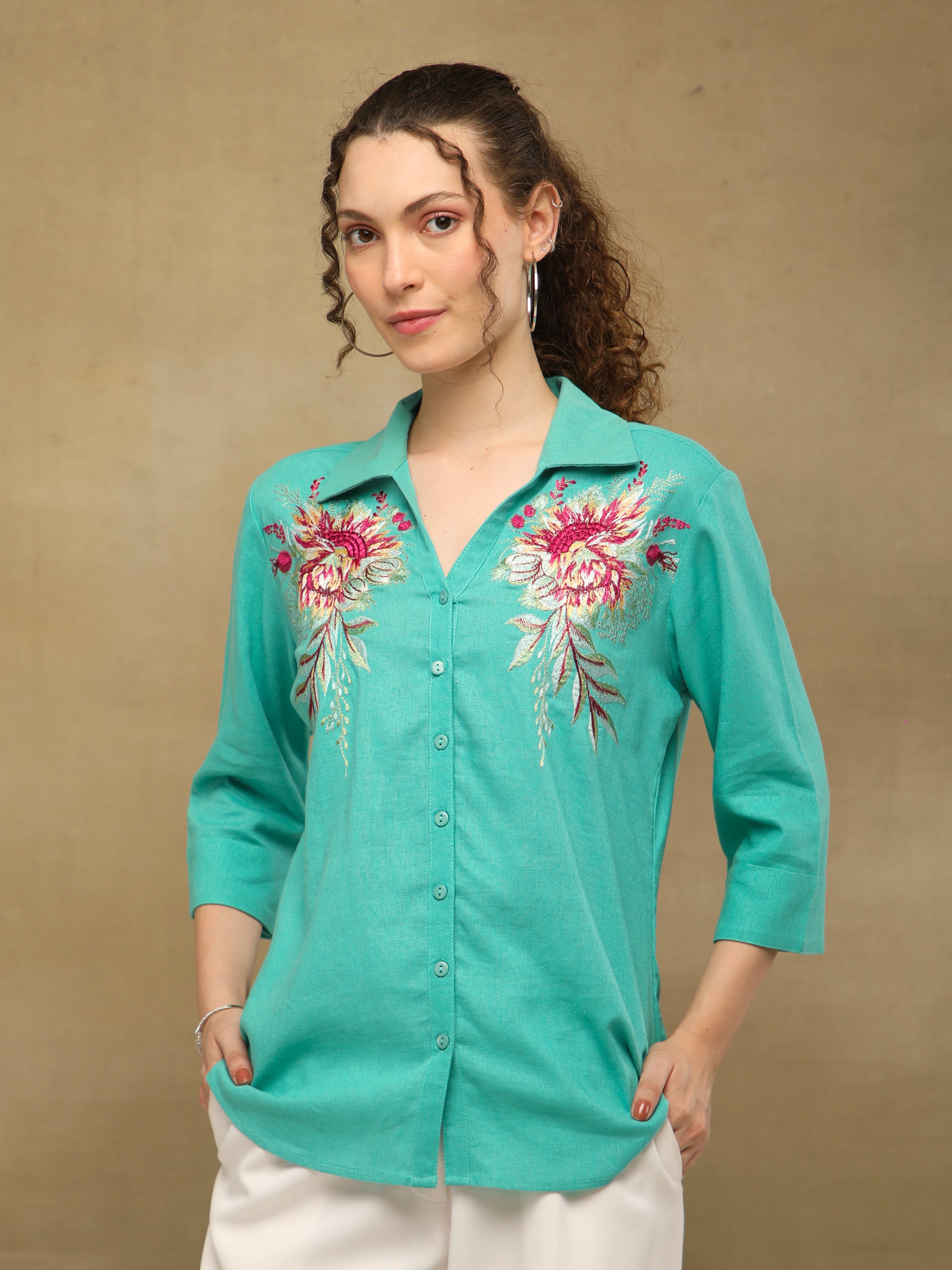 Linen Blossom Embroidered Mint Shirt