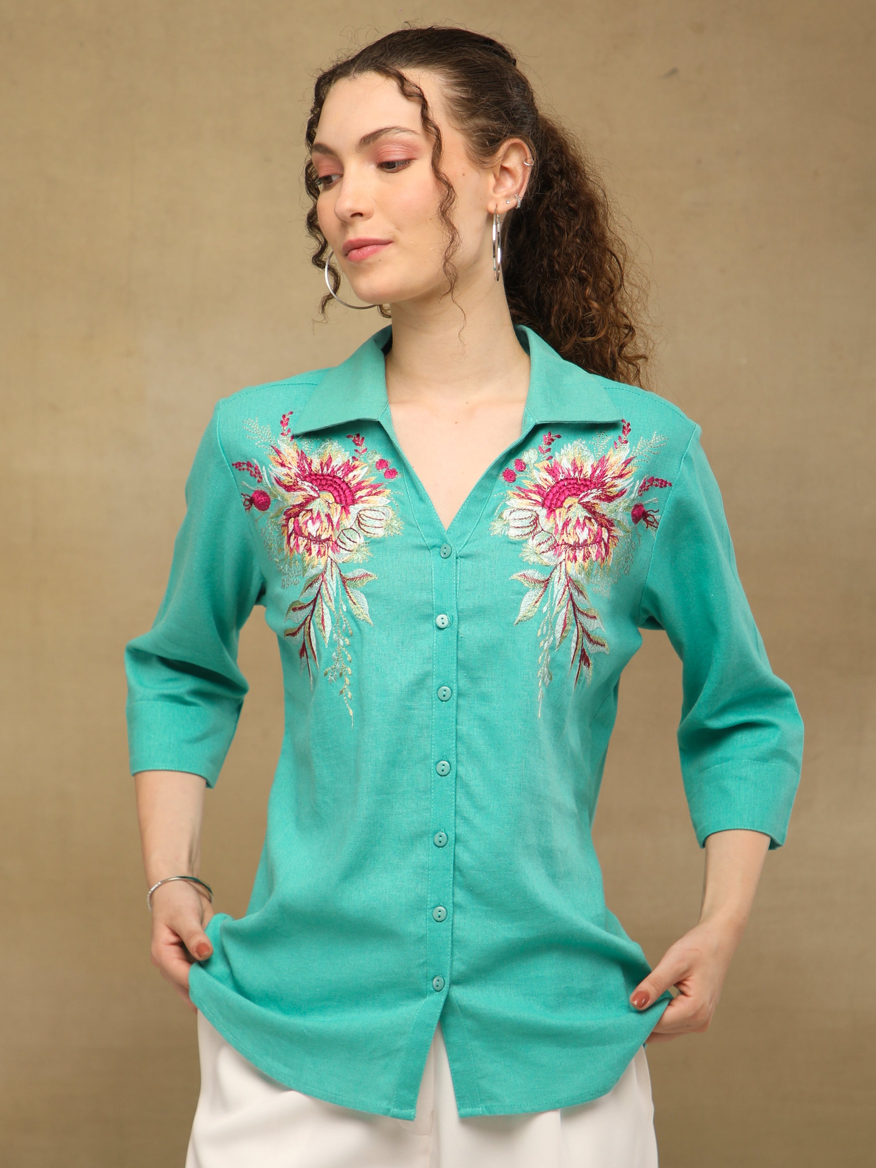 Linen Blossom Embroidered Mint Shirt