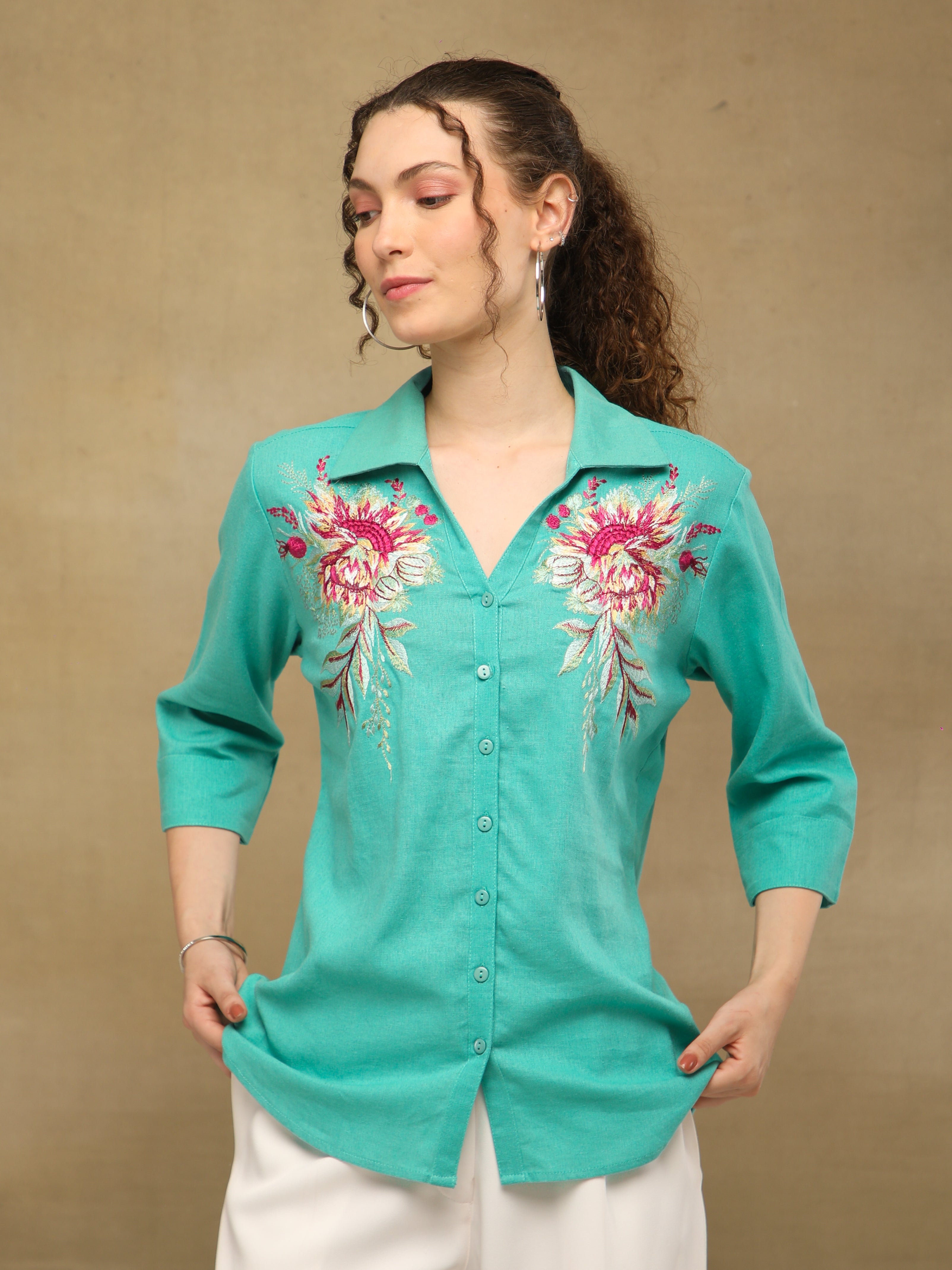 Linen Blossom Embroidered Mint Shirt