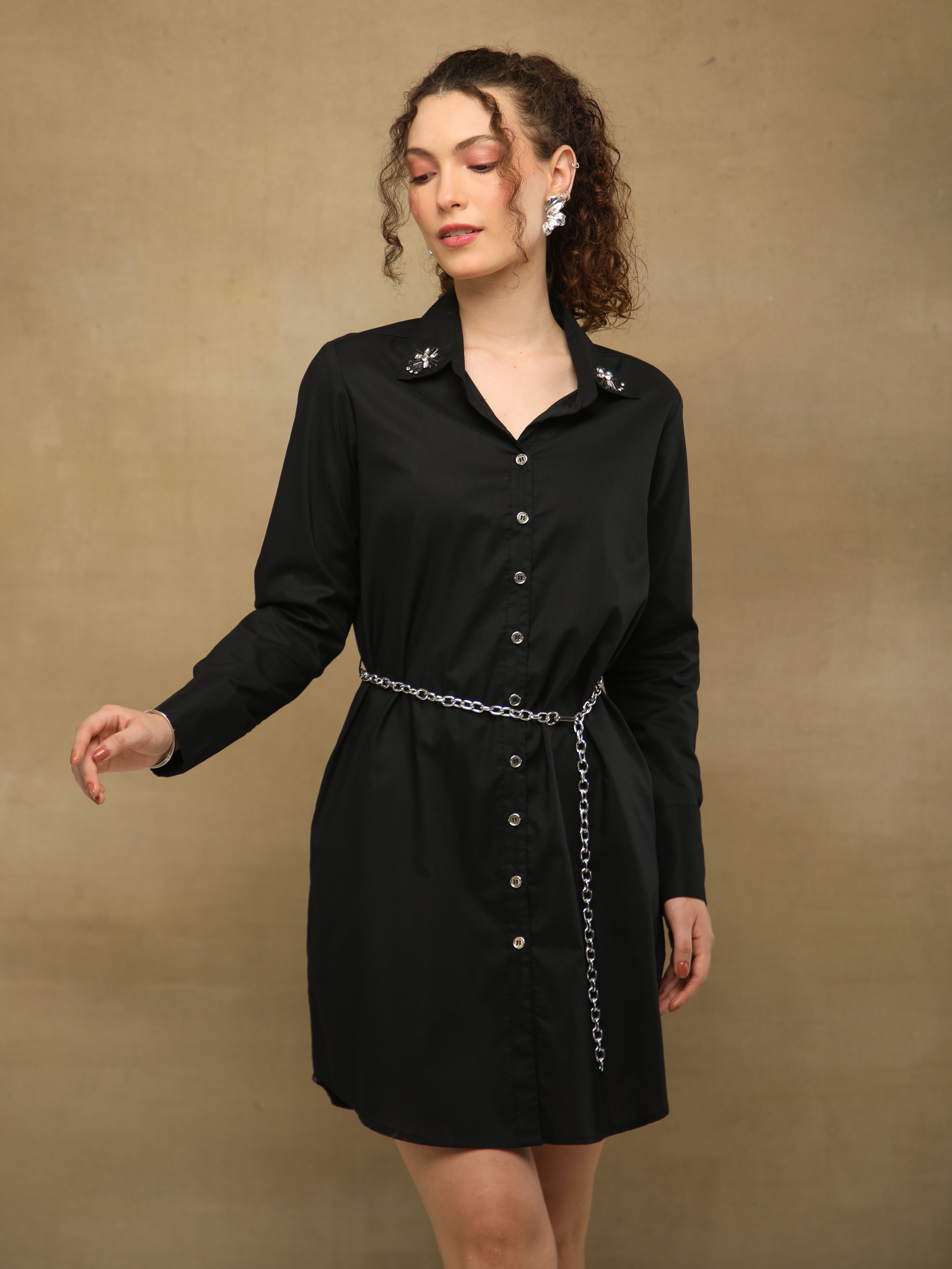 Rhinestone Collar Black Shirt Dress