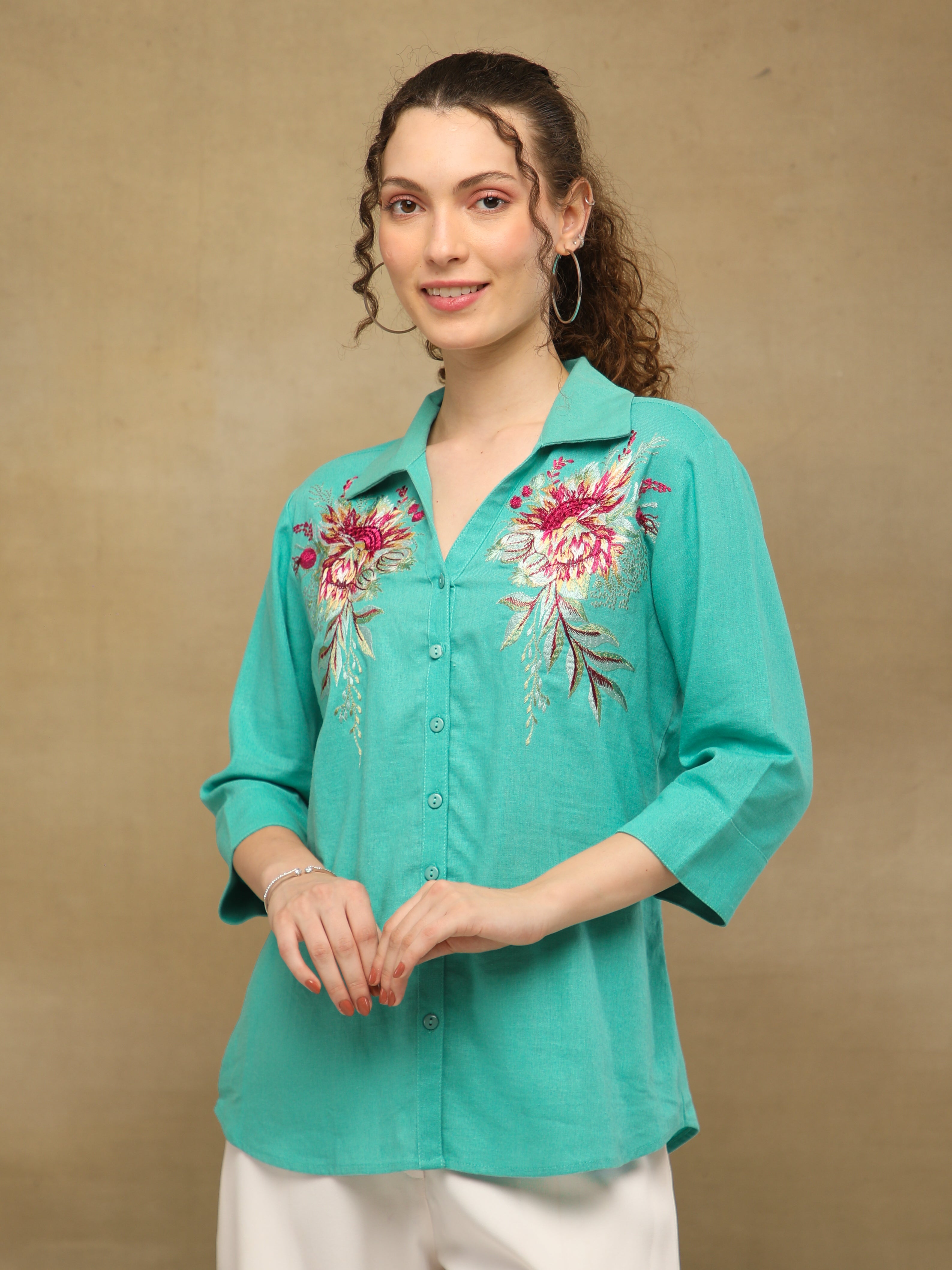 Linen Blossom Embroidered Mint Shirt