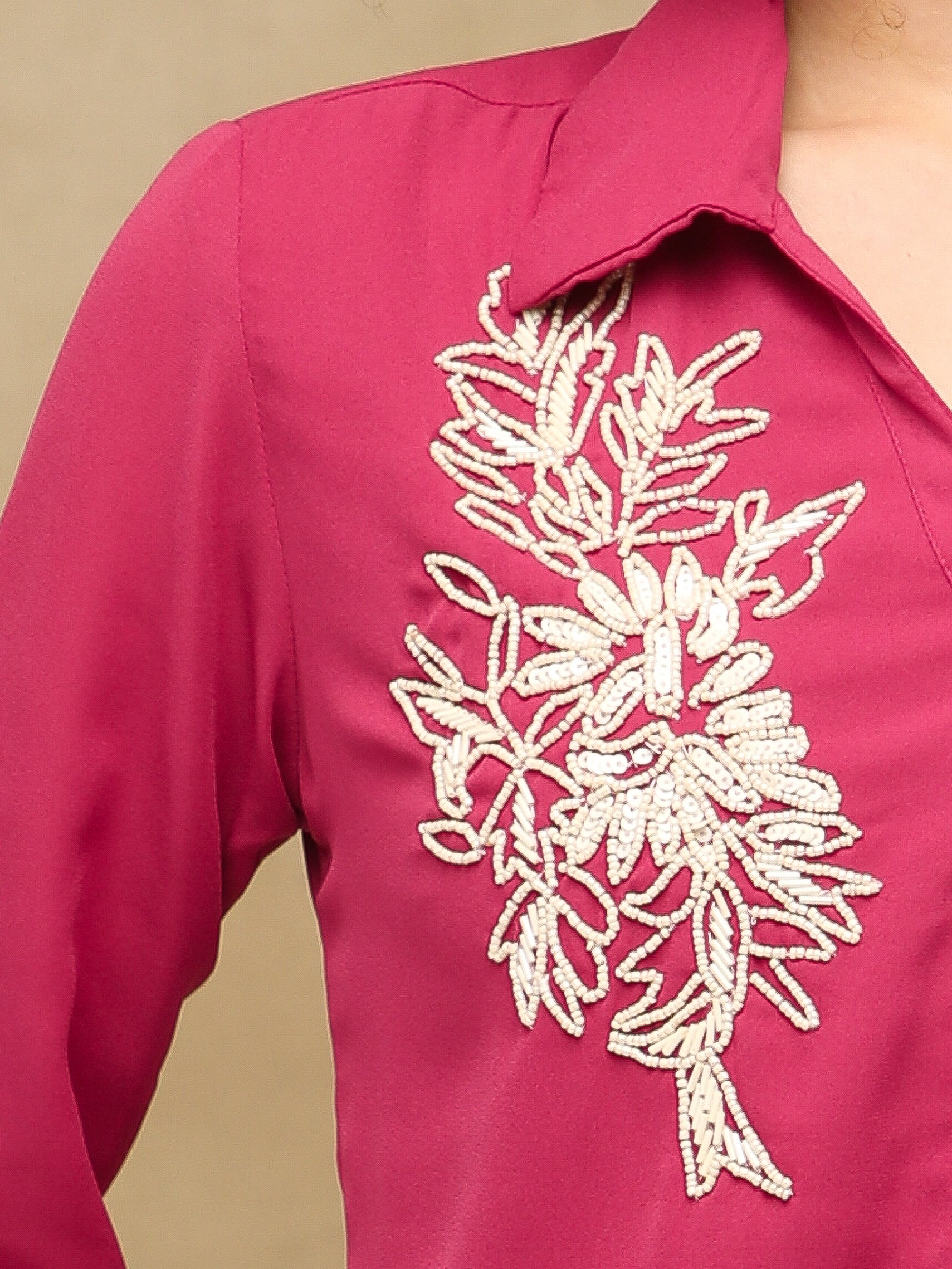White Bead Embellished Dark Pink Shirt