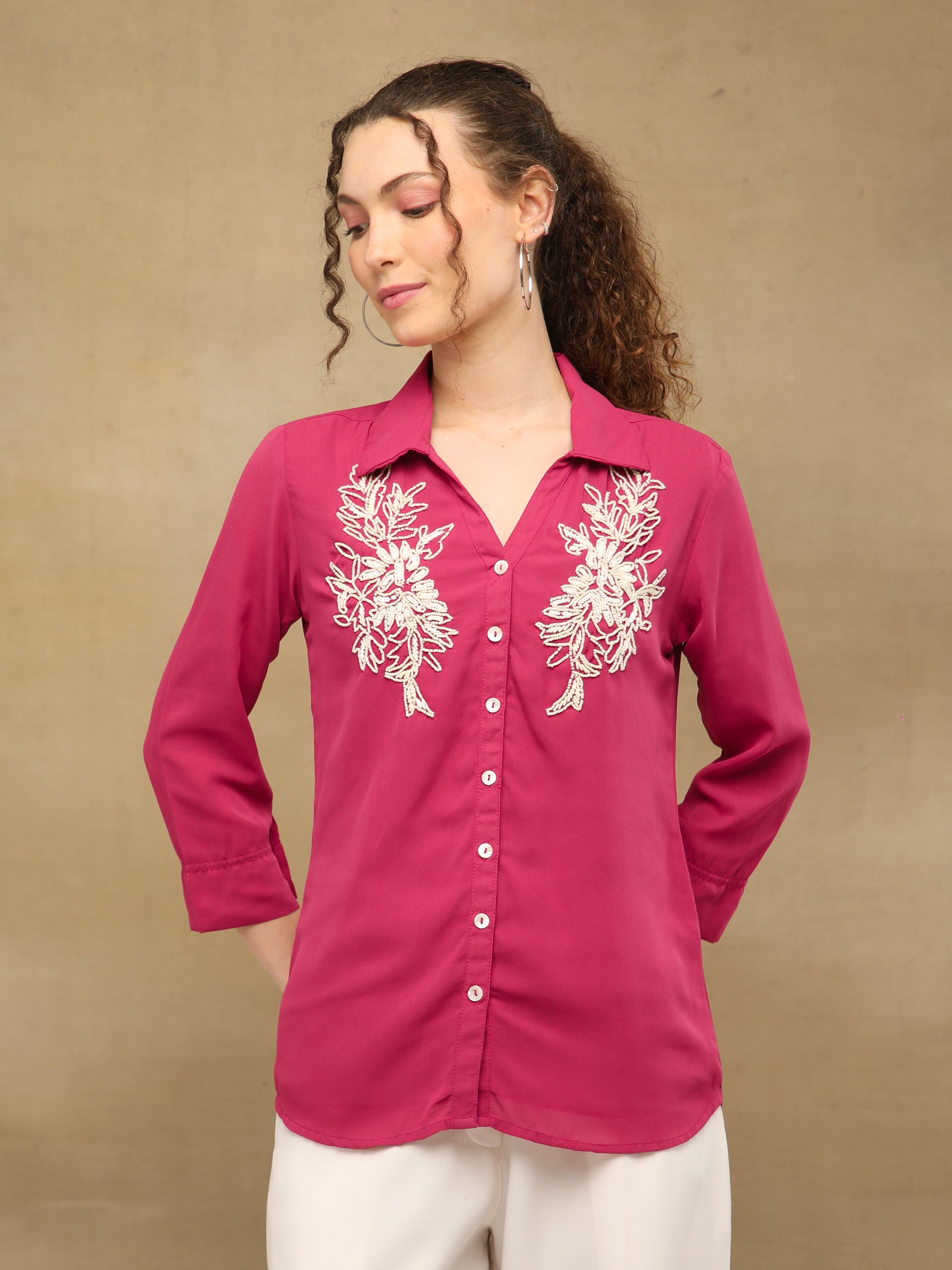 White Bead Embellished Dark Pink Shirt