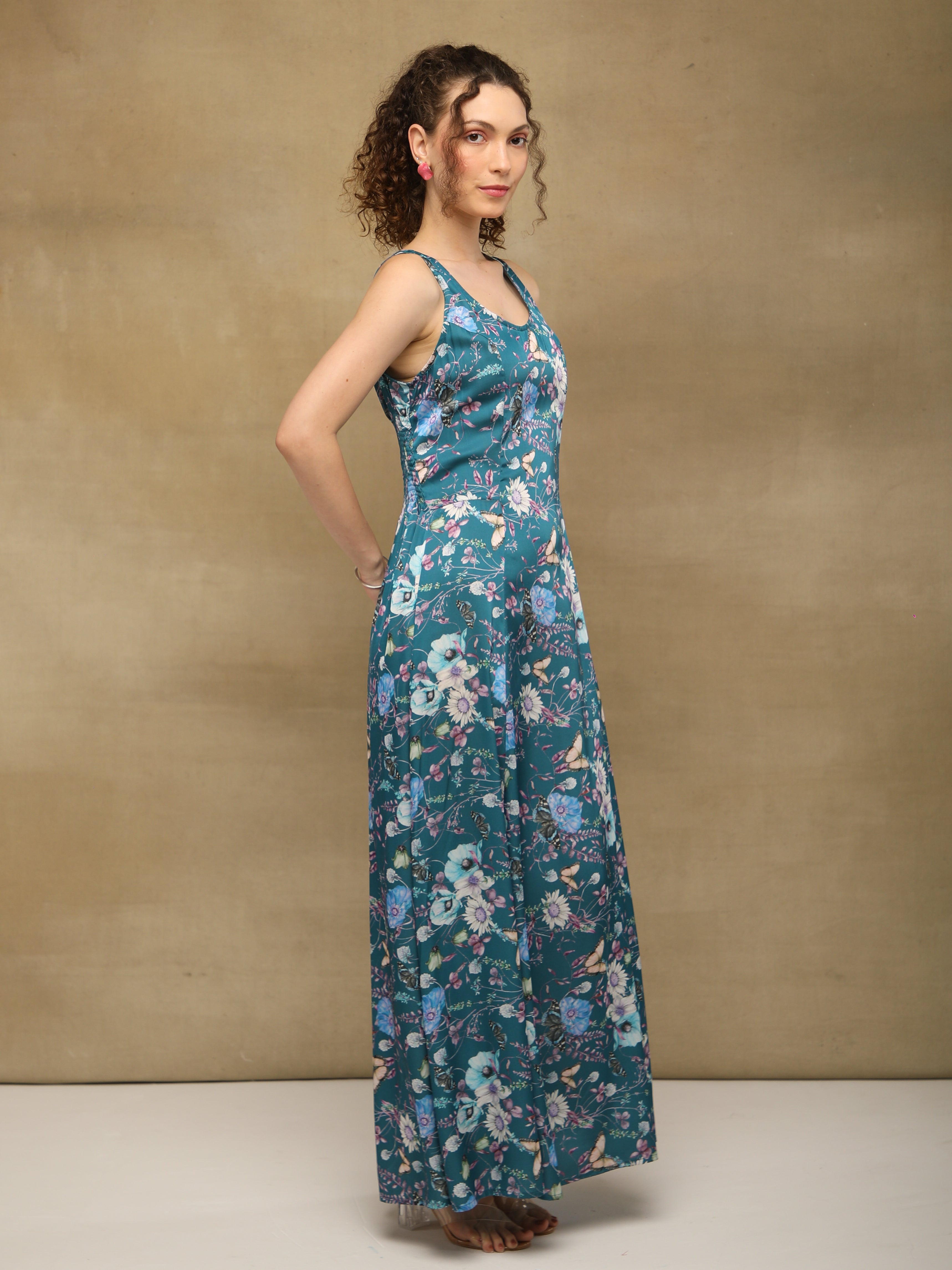 Teal Blossom Satin Maxi Dress