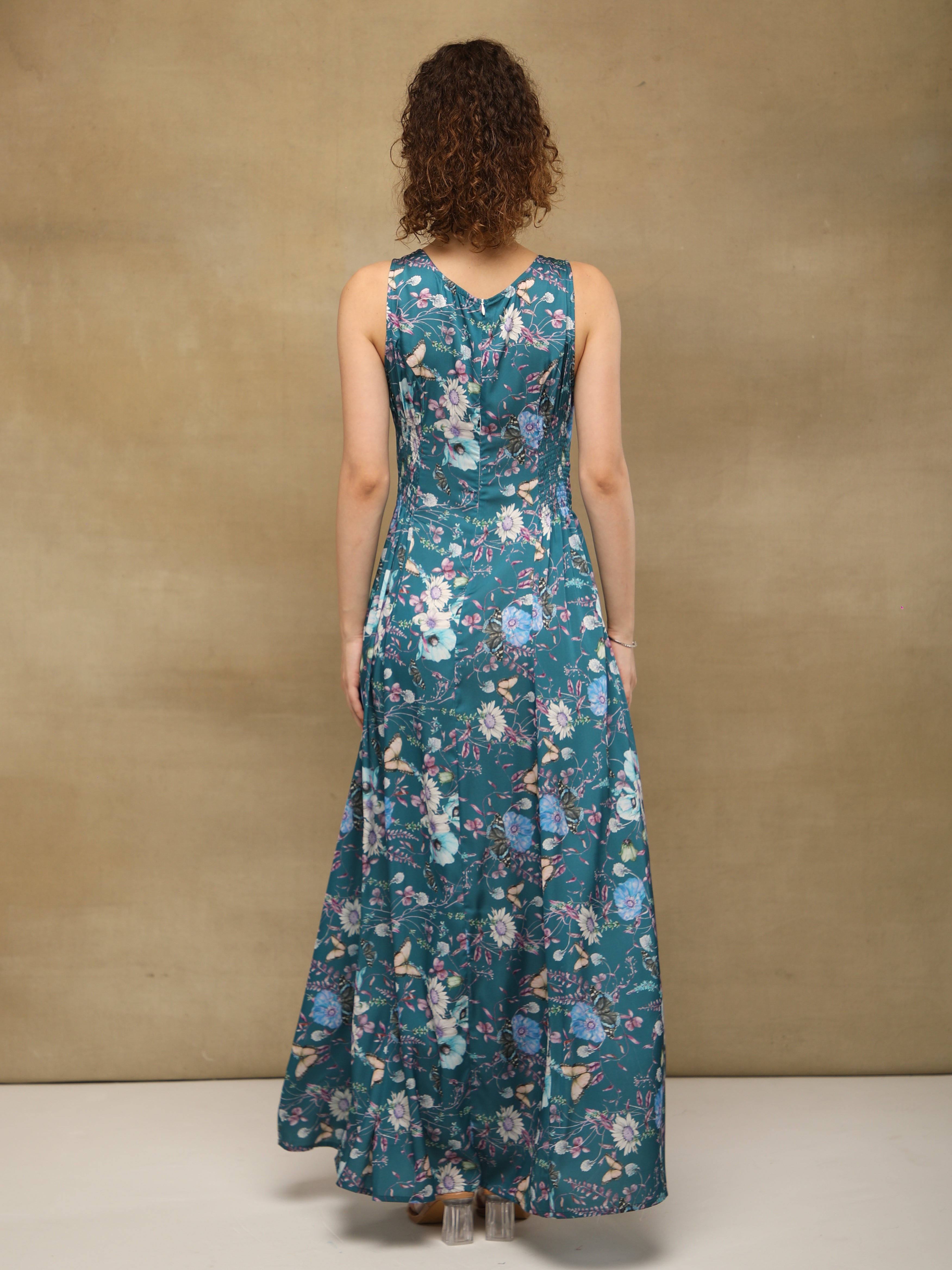 Teal Blossom Satin Maxi Dress
