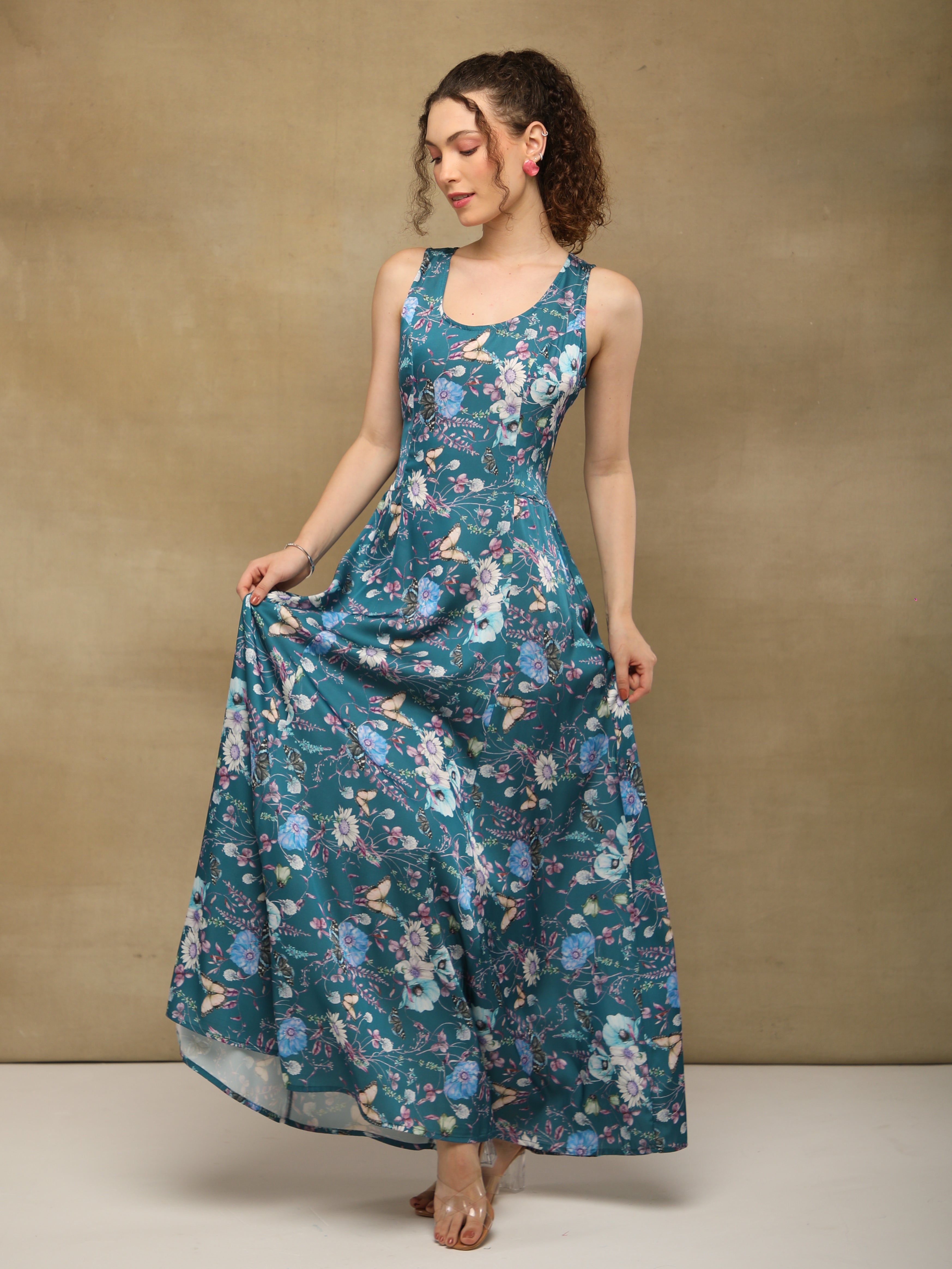 Teal Blossom Satin Maxi Dress