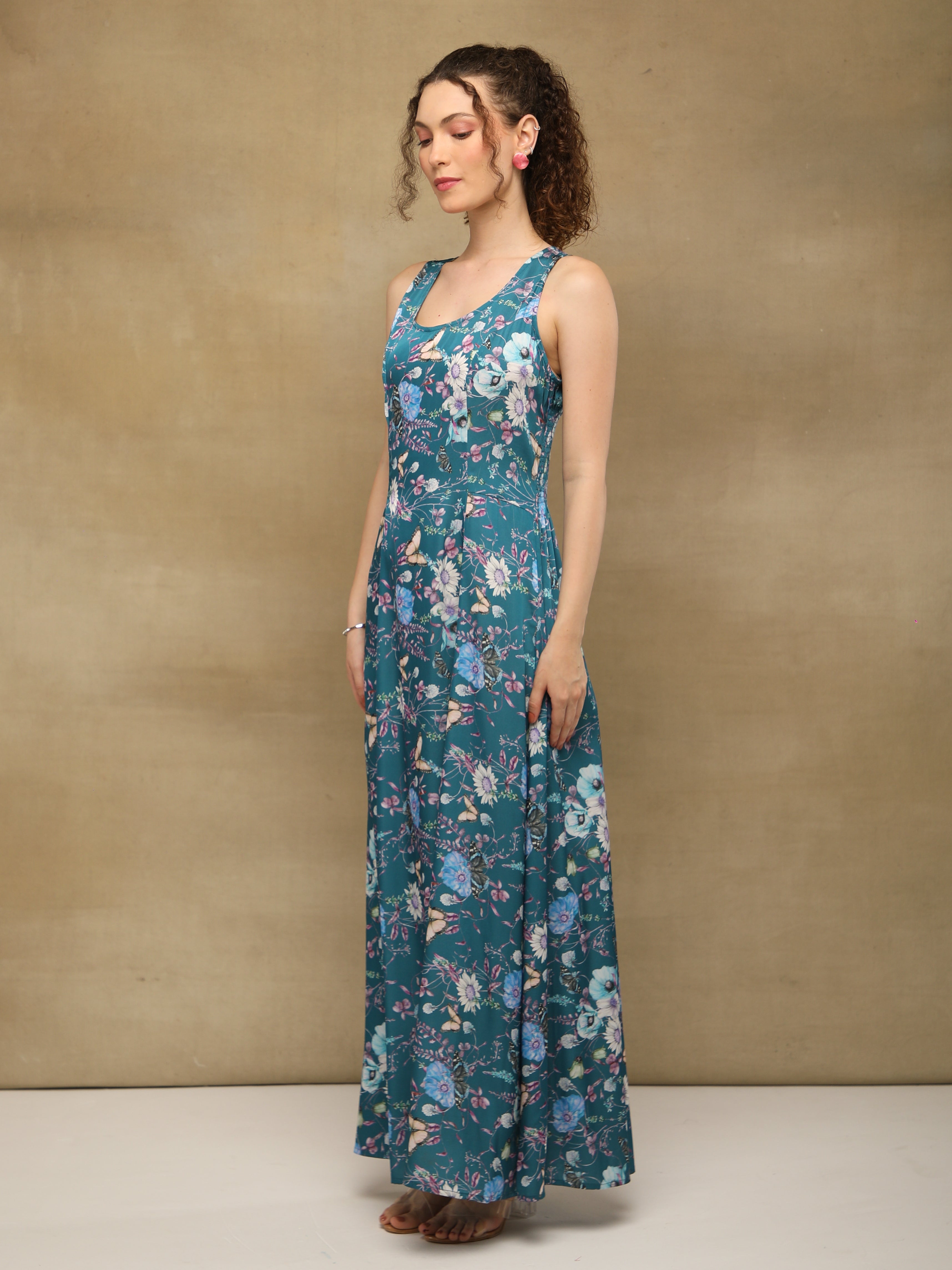 Teal Blossom Satin Maxi Dress