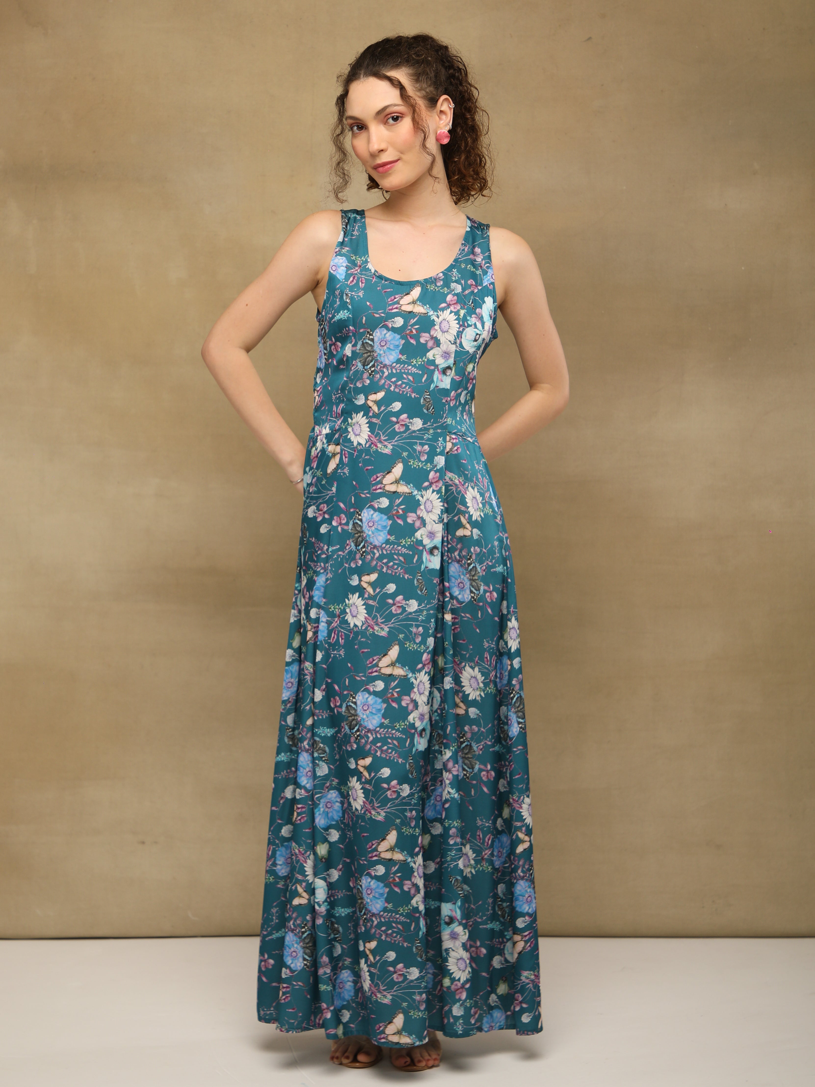 Teal Blossom Satin Maxi Dress