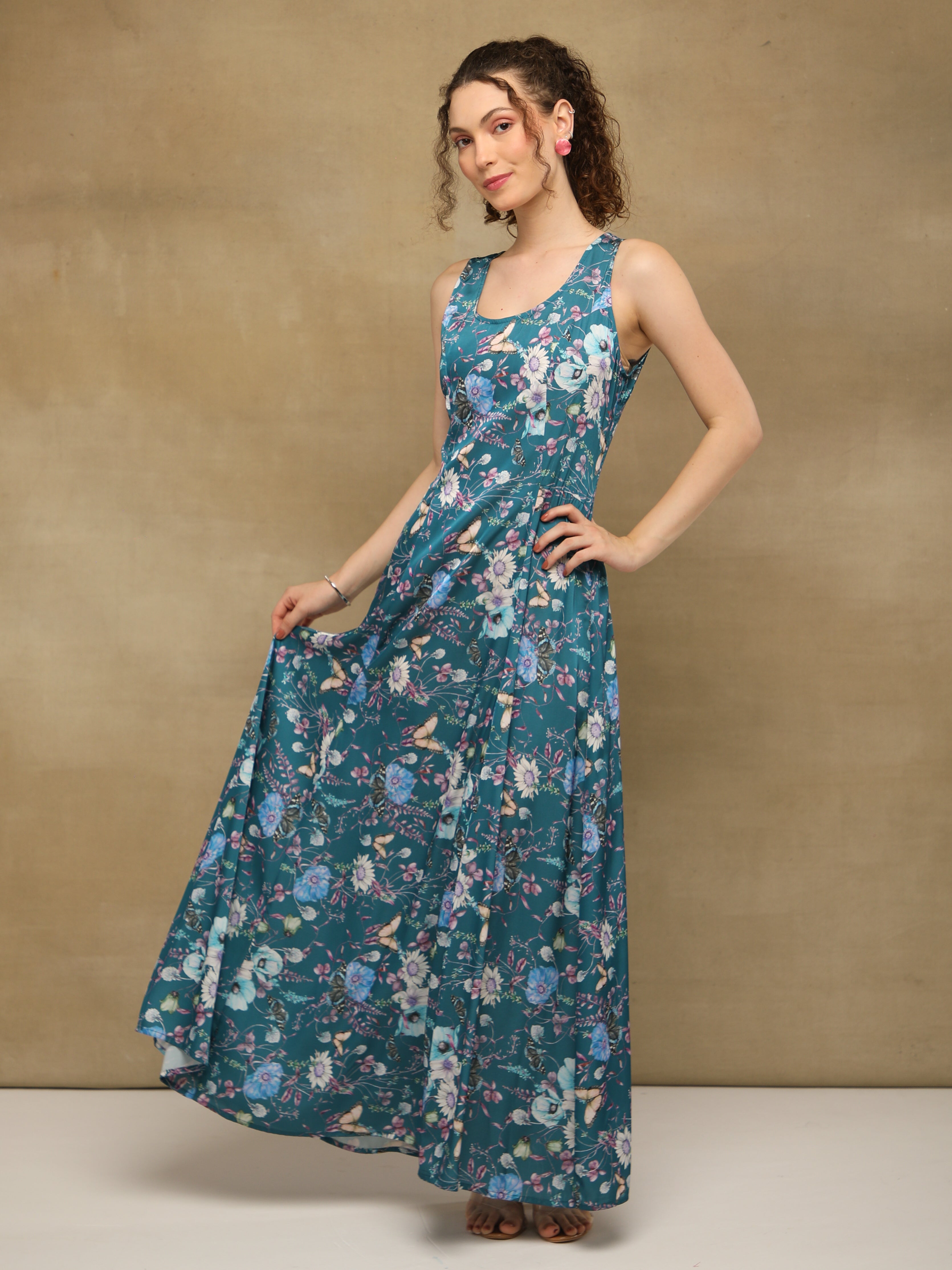 Teal Blossom Satin Maxi Dress
