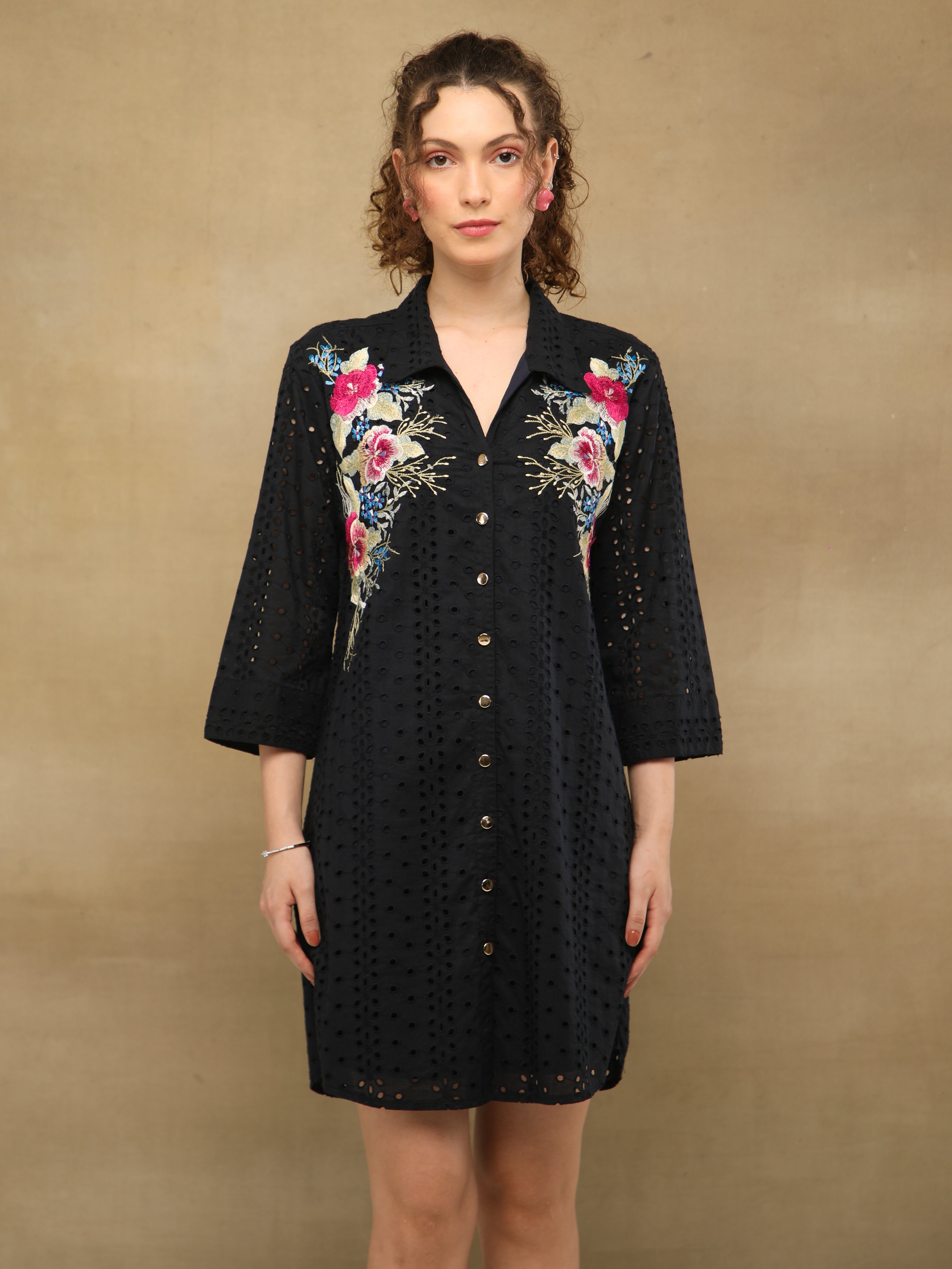Schiffli Embroidered Shirt Black Dress