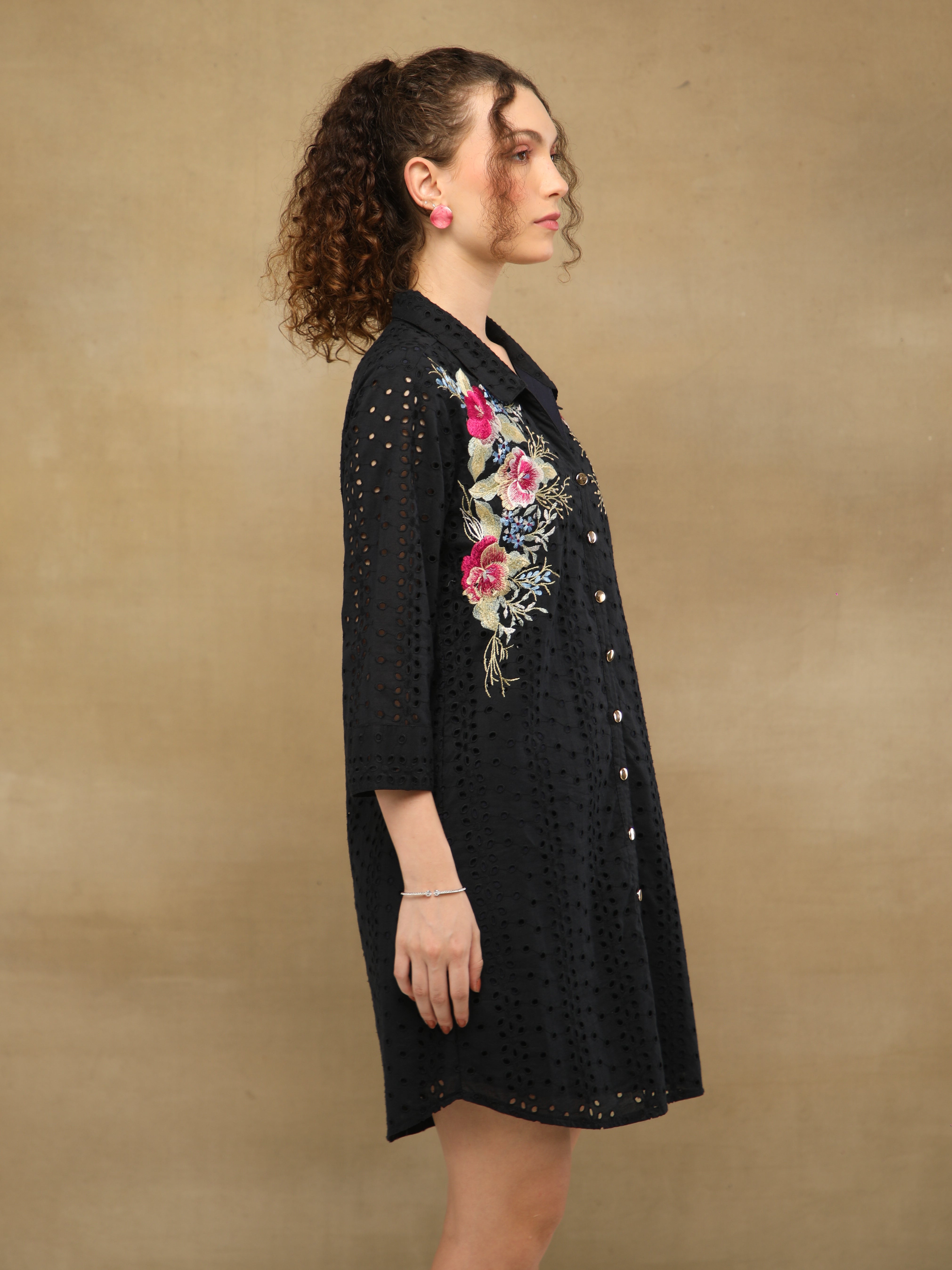 Schiffli Embroidered Shirt Black Dress