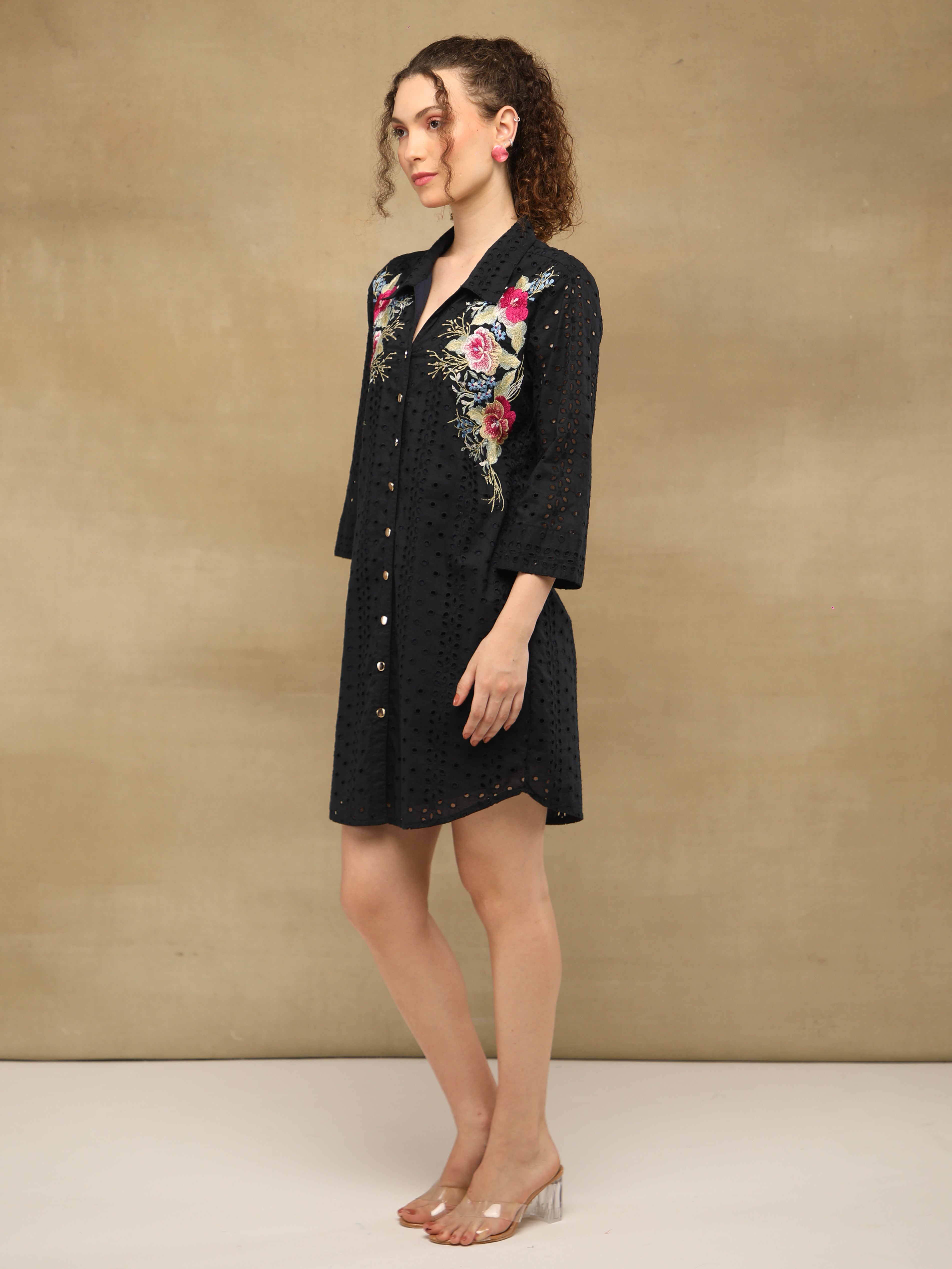 Schiffli Embroidered Shirt Black Dress